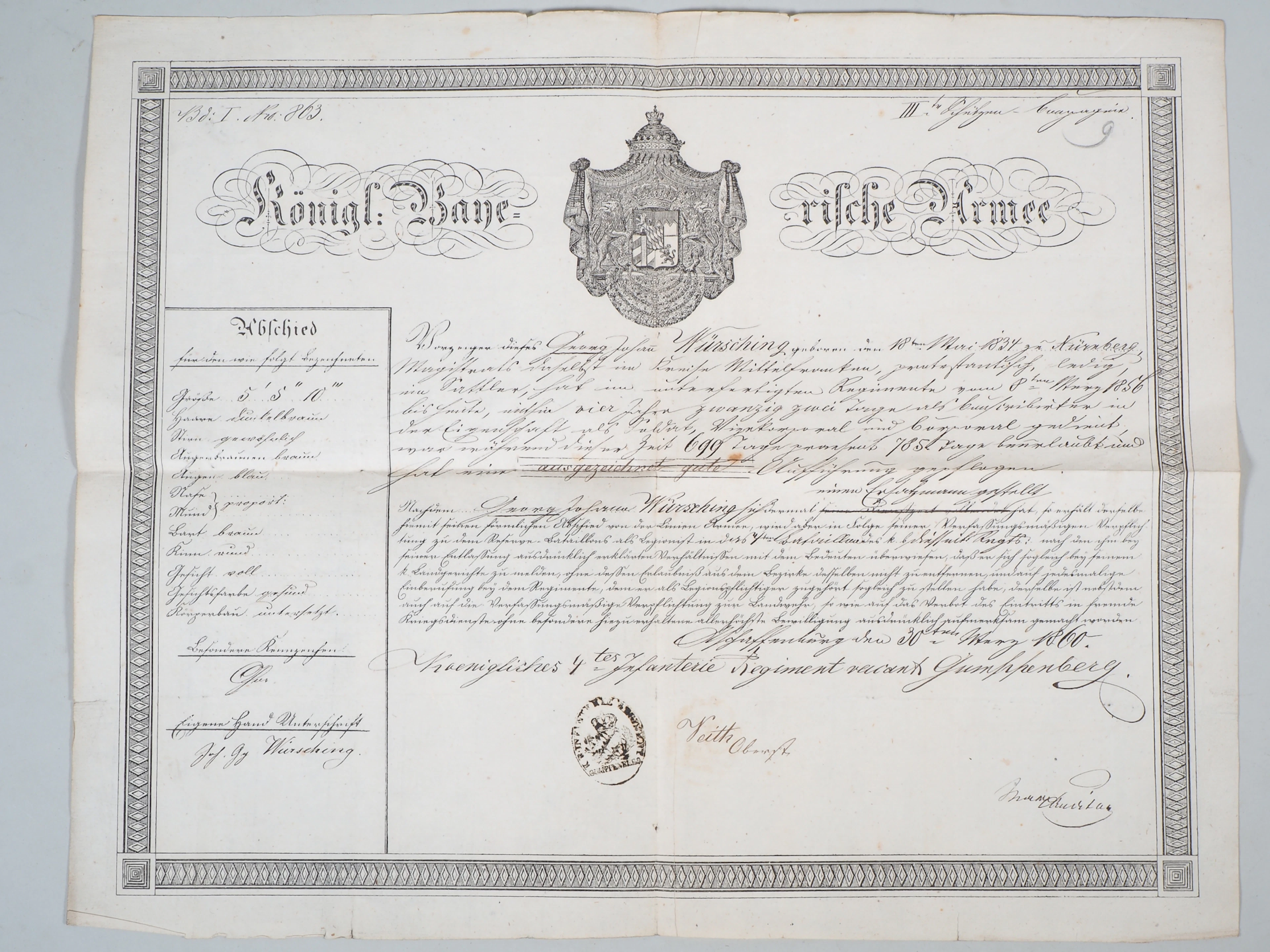 Los 2105: Königreich Bayern: Große Urkunde 1860, 4. Infanterie-Regiment