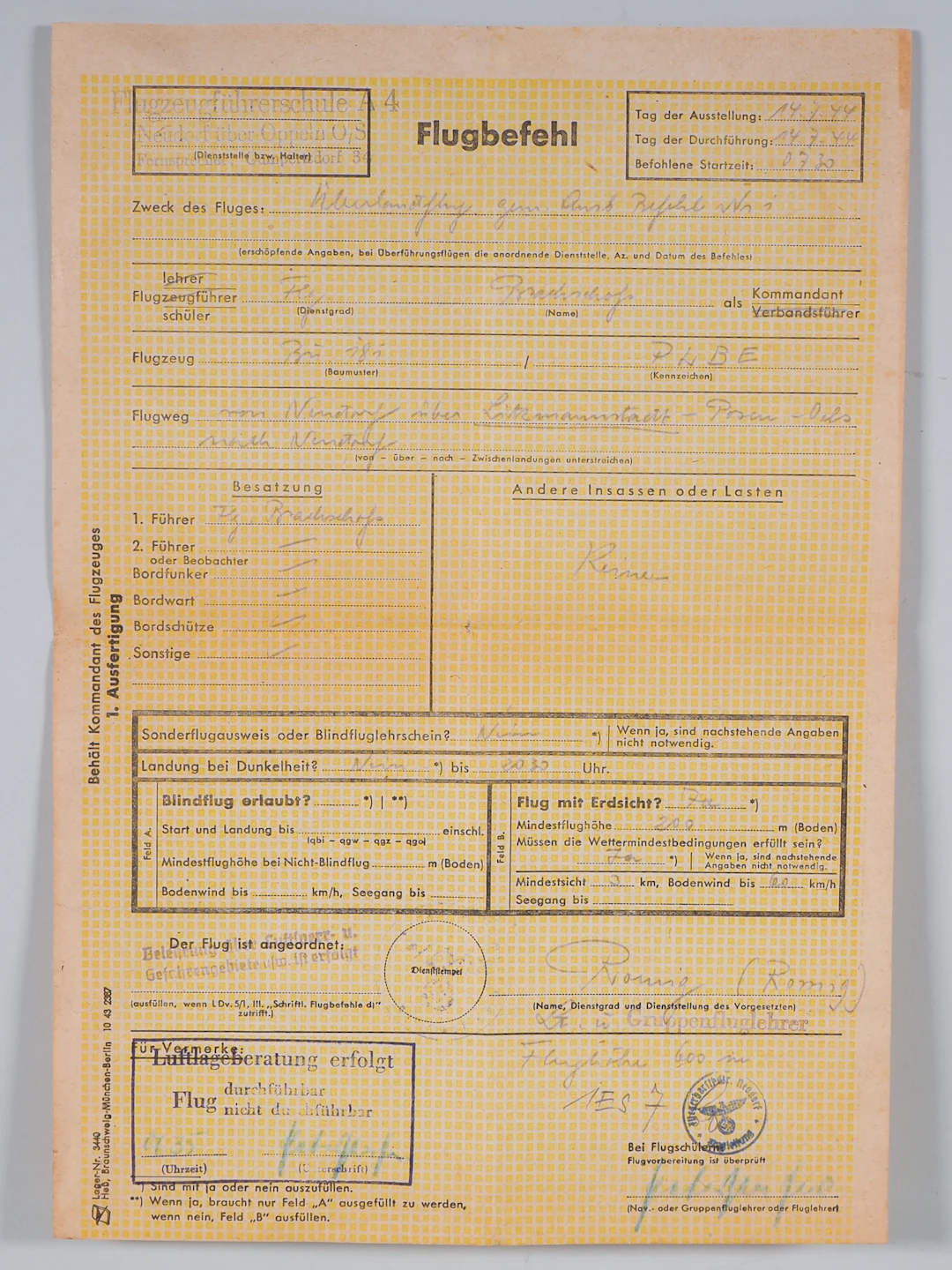 Los 2344: Flugbefehl für einen Überlandflug vom 14.7.1944, Flugzeugführerschule