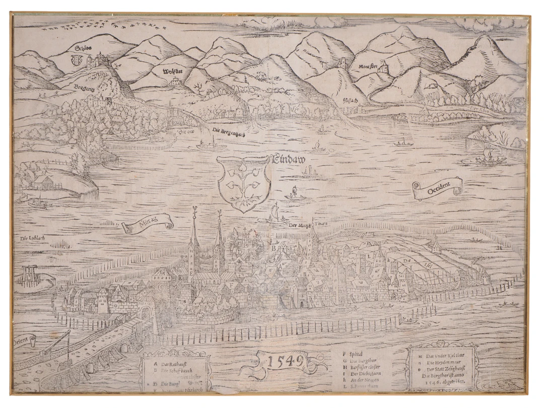 Los 286: Sebastian Münster, Holzschnitt Ansicht von Lindau am Bodensee, 1549