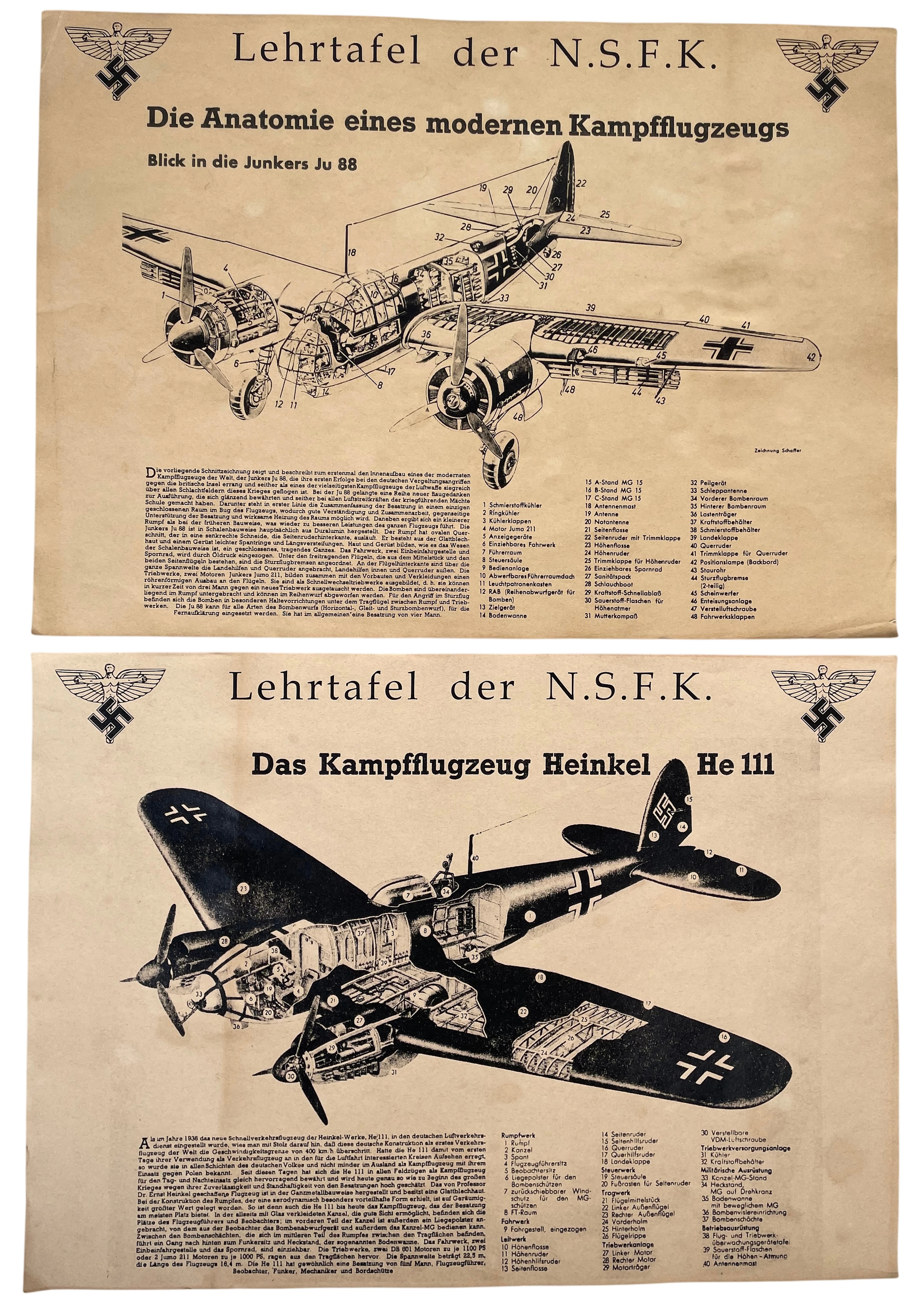 Los 2577: Zwei NSFK Lehrtafeln Junkers Ju 88 und Heinkel He 111, 30/40er
