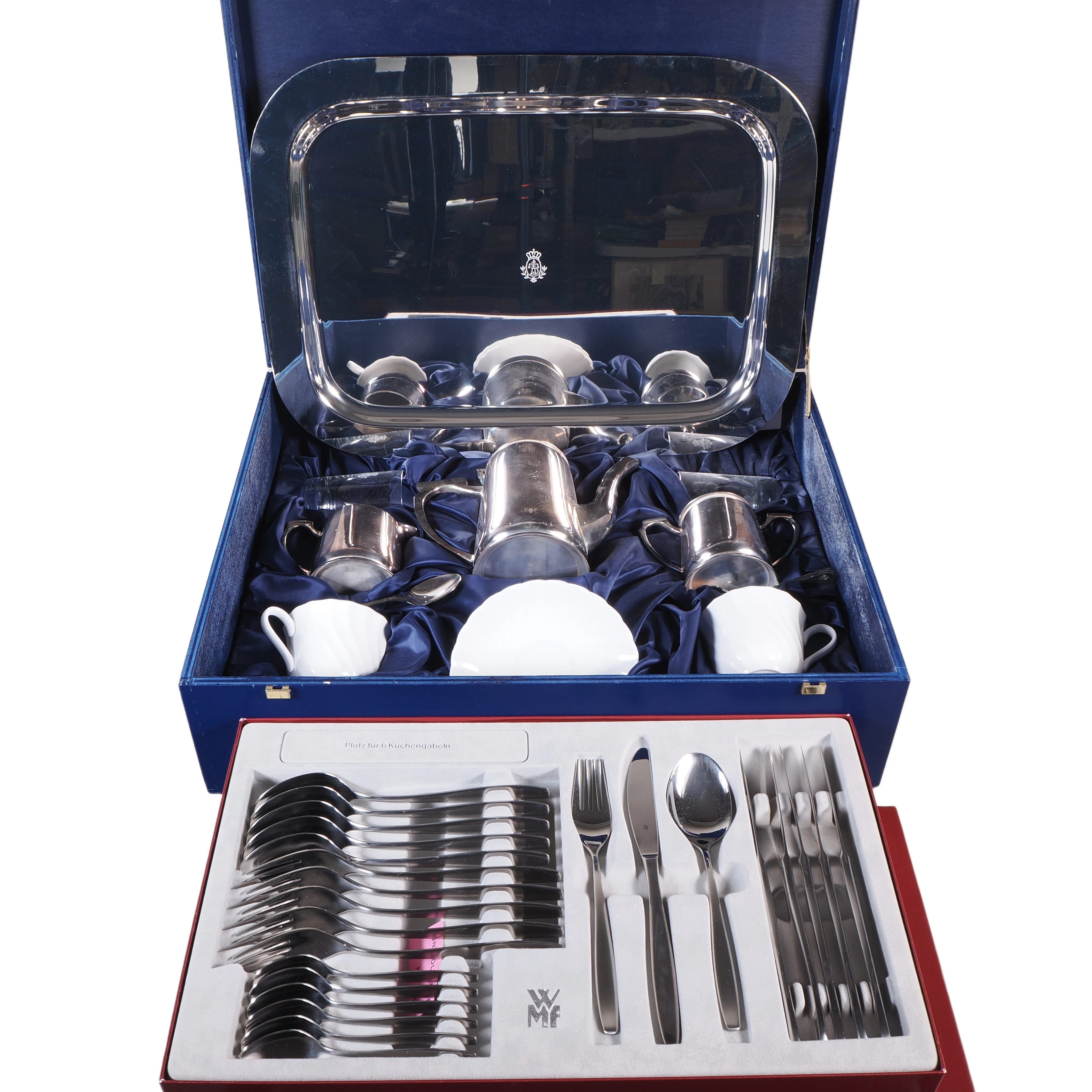Los 1663: WMF Besteckkasten Cromargan und versilbertes Dallmayr Tee-