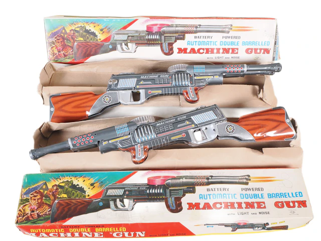 Los 1697: 2 Blechspielzeug Gewehre in OVP, Vintage Nomura Toy Japan