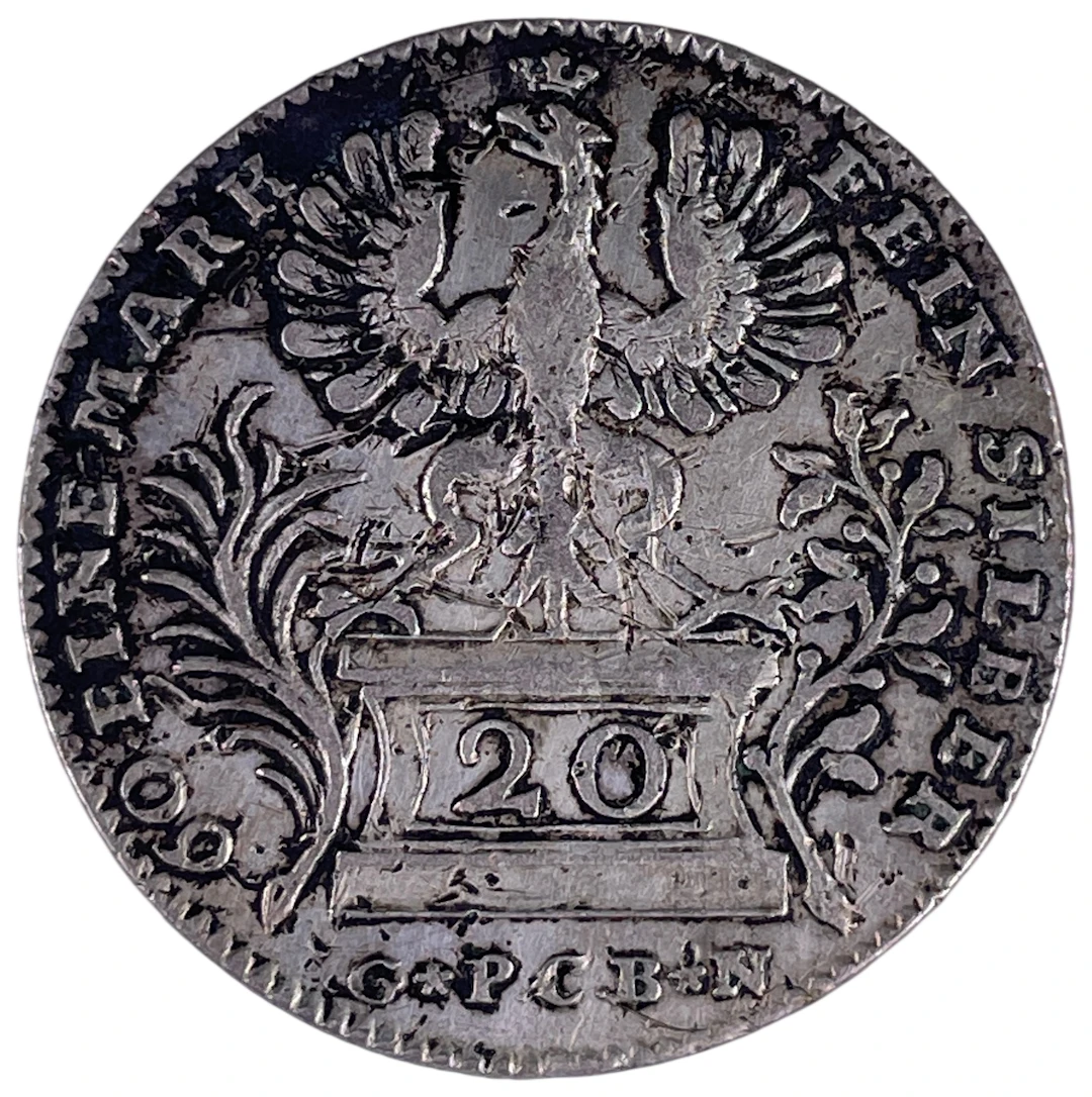 Los 1421: Silberne 20 Kreuzer Münze Freie Stadt Frankfurt 1764