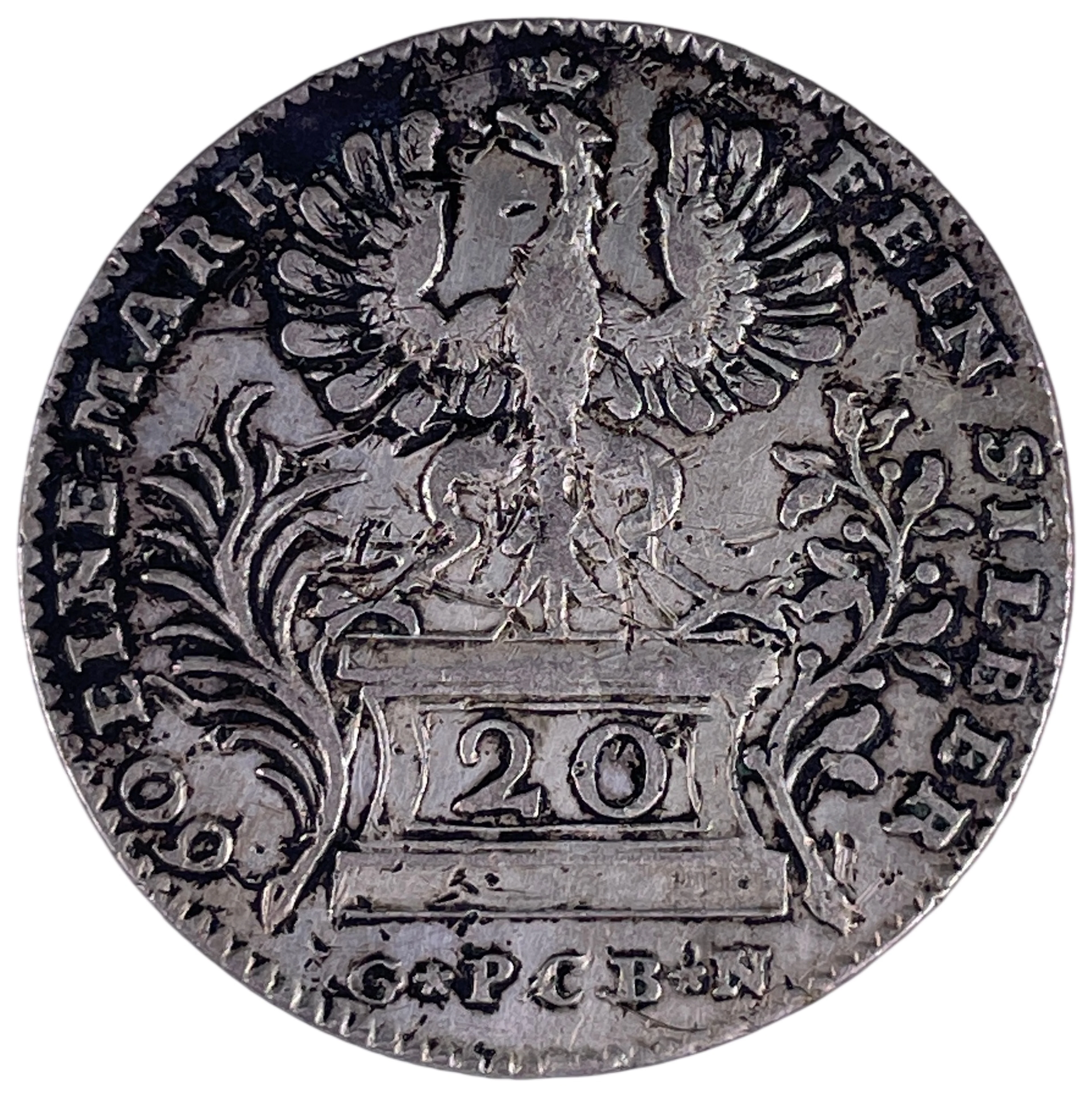Los 1421: Silberne 20 Kreuzer Münze Freie Stadt Frankfurt 1764