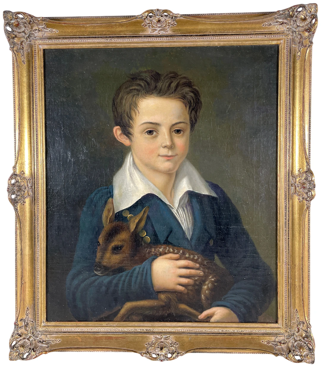 Los 78: Biedermeier Porträt eines Jungen mit Rehkitz Öl auf Leinwand