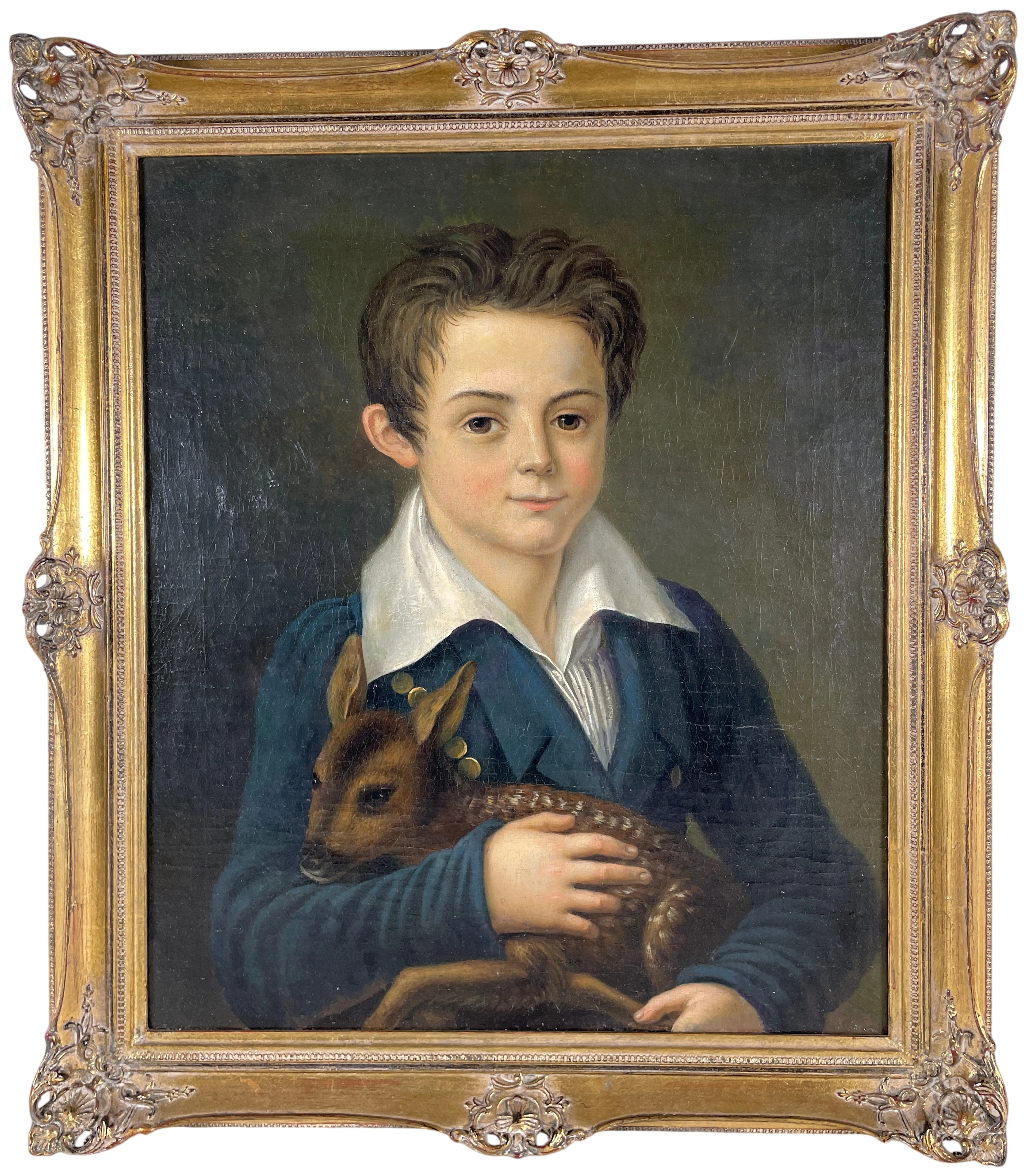 Los 78: Biedermeier Porträt eines Jungen mit Rehkitz Öl auf Leinwand