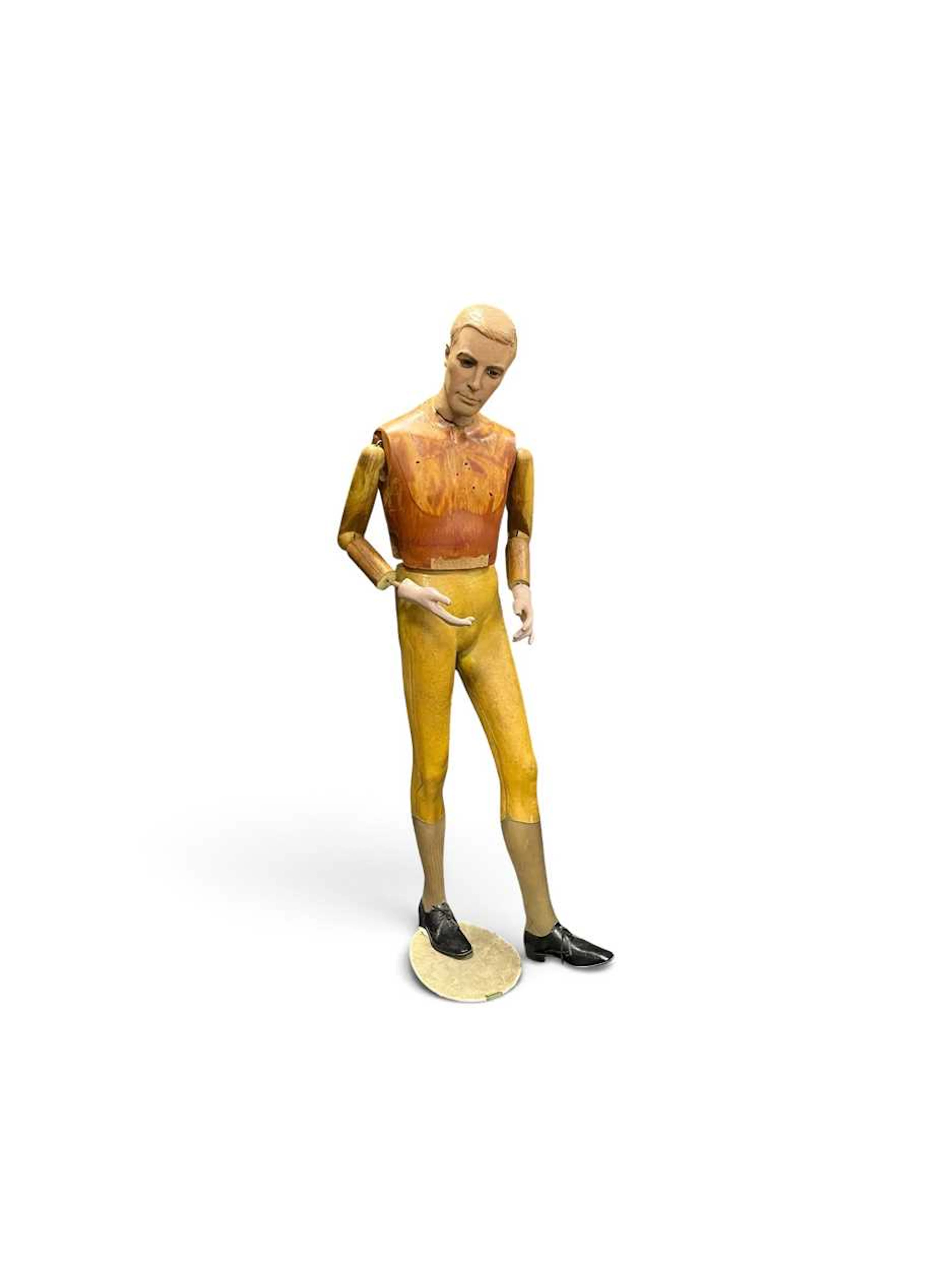 Display mannequin with timber elements and articulated arms