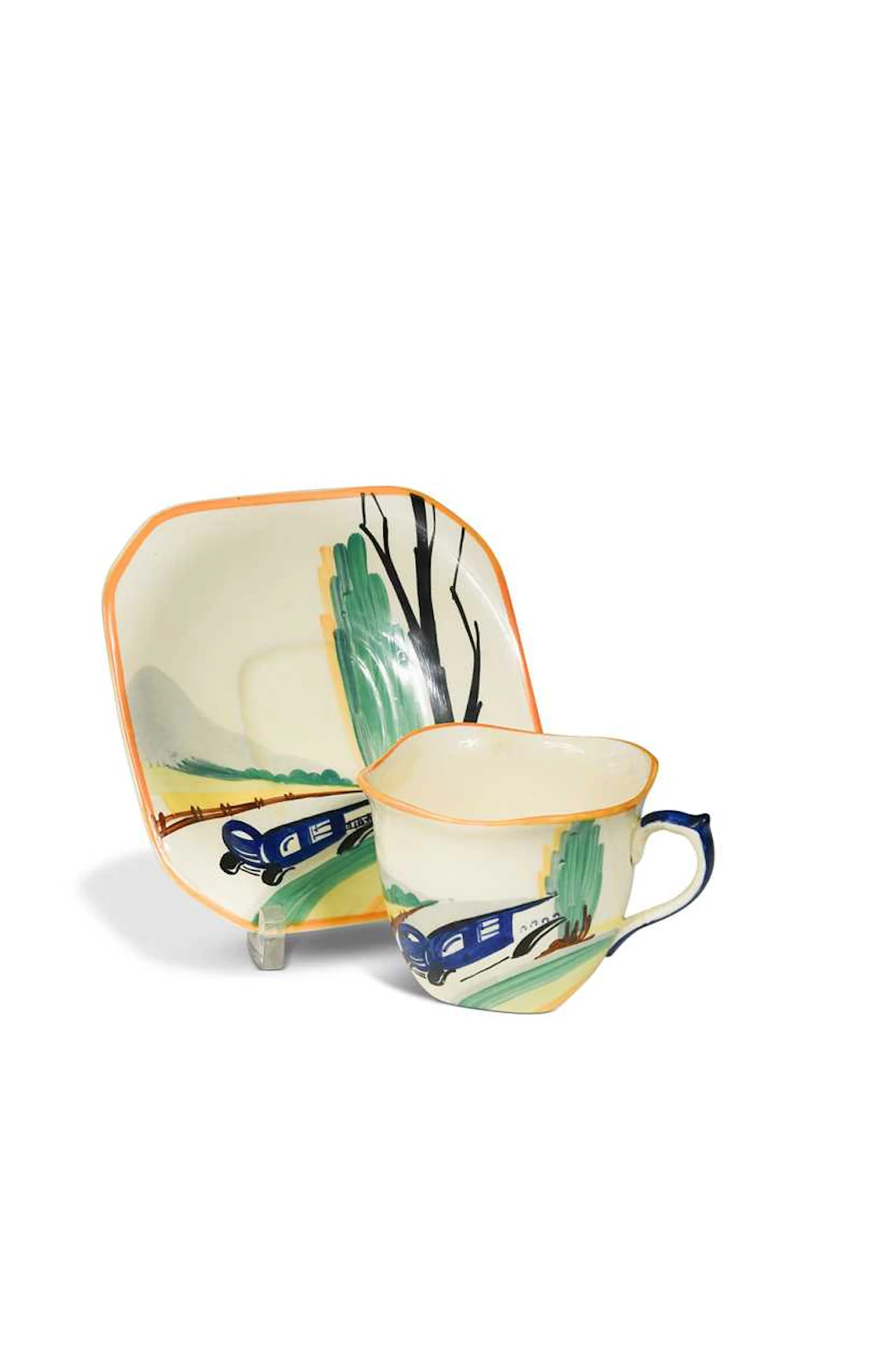 Susie Cooper Production, a 'Panorama' teacup and saucer, pattern no.E306