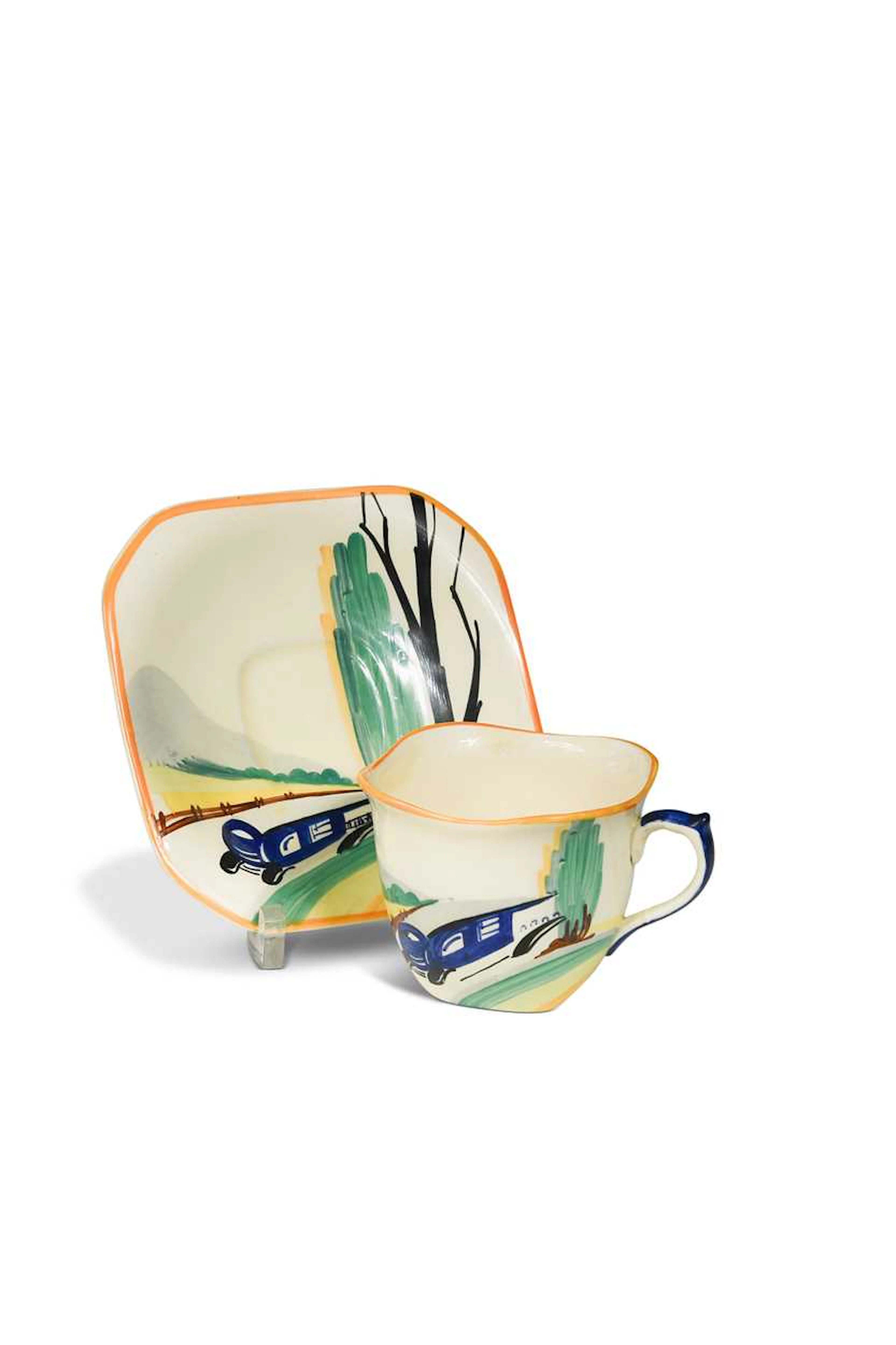 Susie Cooper Production, a 'Panorama' teacup and saucer, pattern no.E306