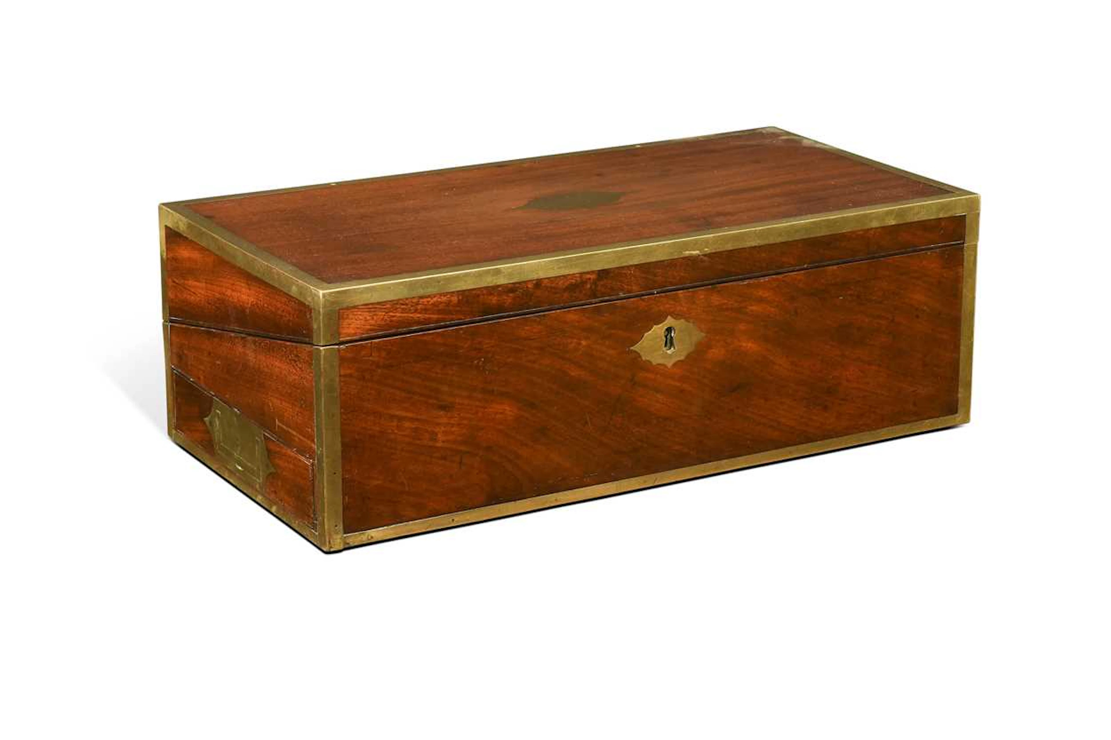 A mahogany and brass bound campaign writing slope, made by Dobson