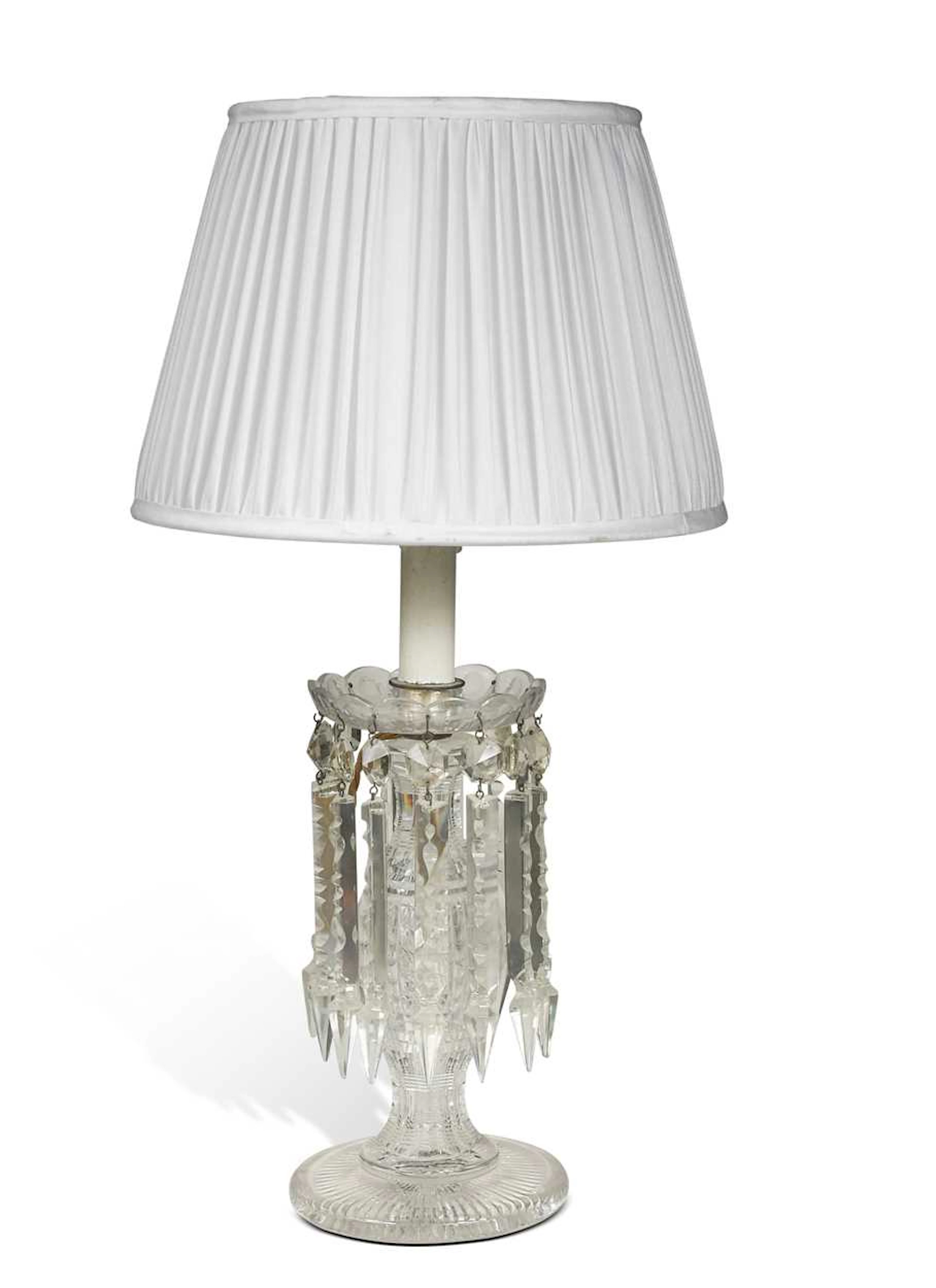 A cut-glass candle lustre converted to a table lamp, early 20th century