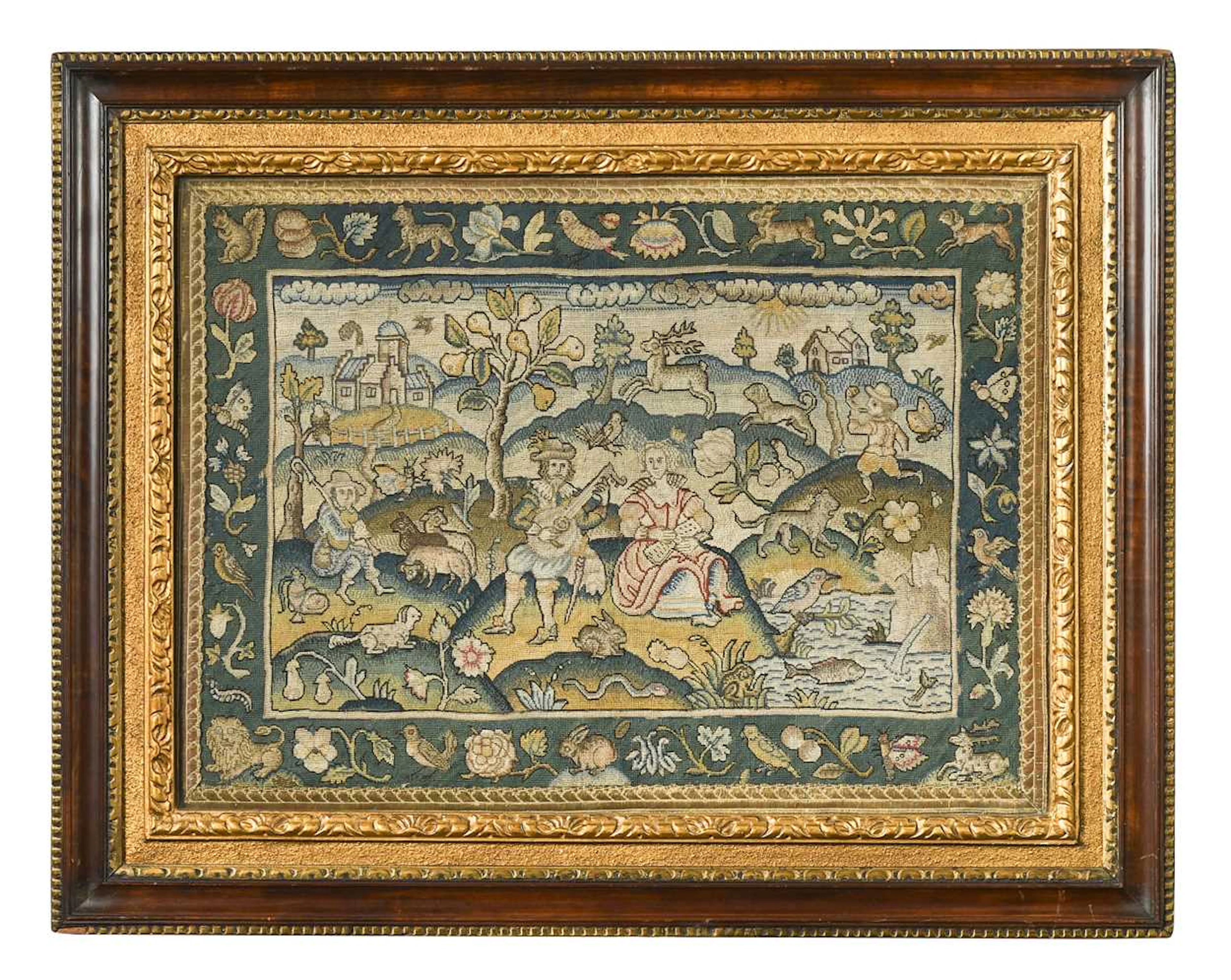 An embroidered needlework panel, 17th century