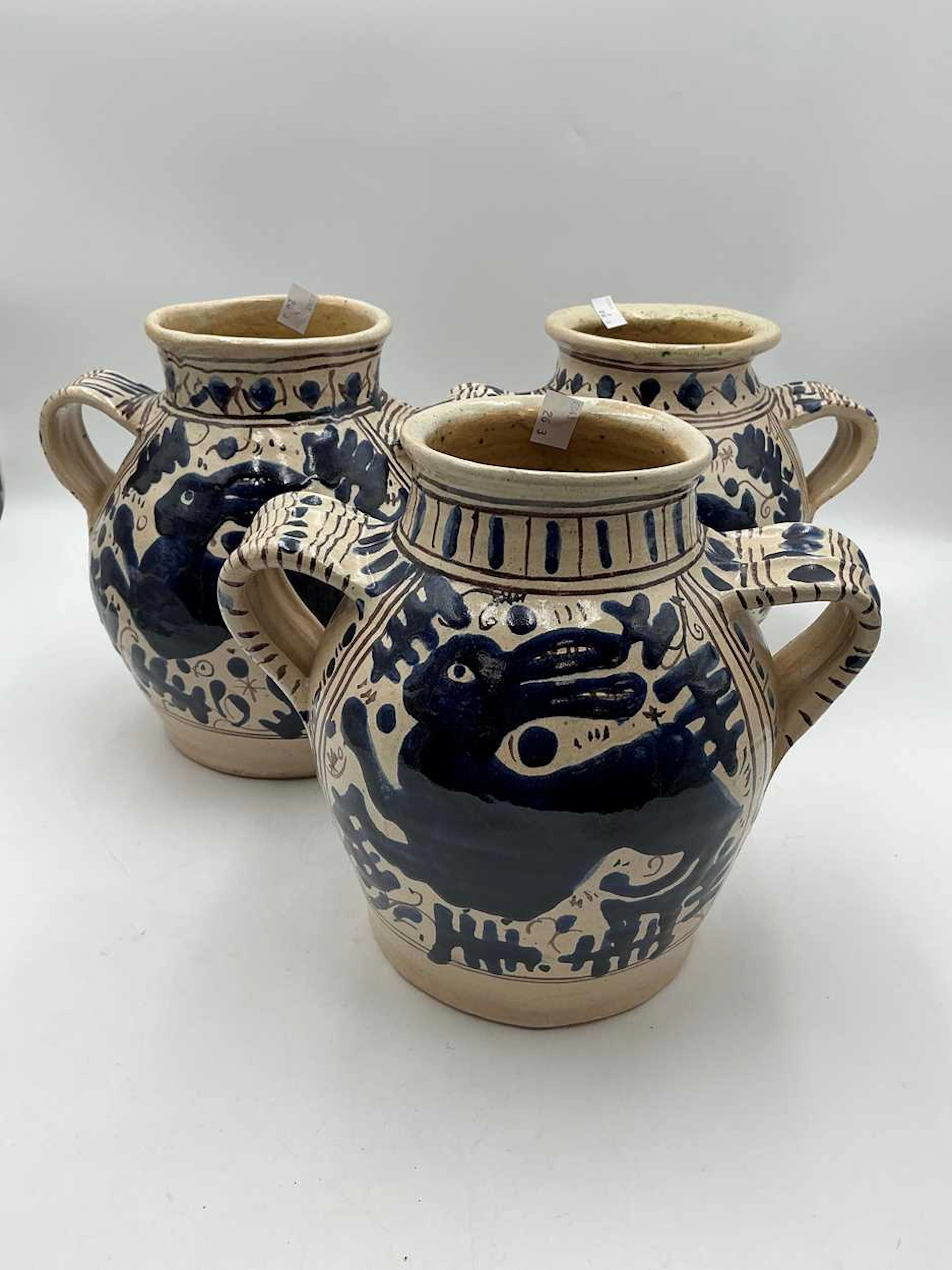 Modern apothecary two handled jars of squat form...