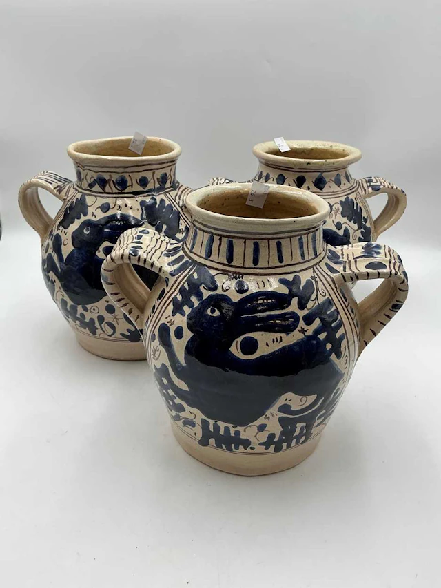 Modern apothecary two handled jars of squat form...