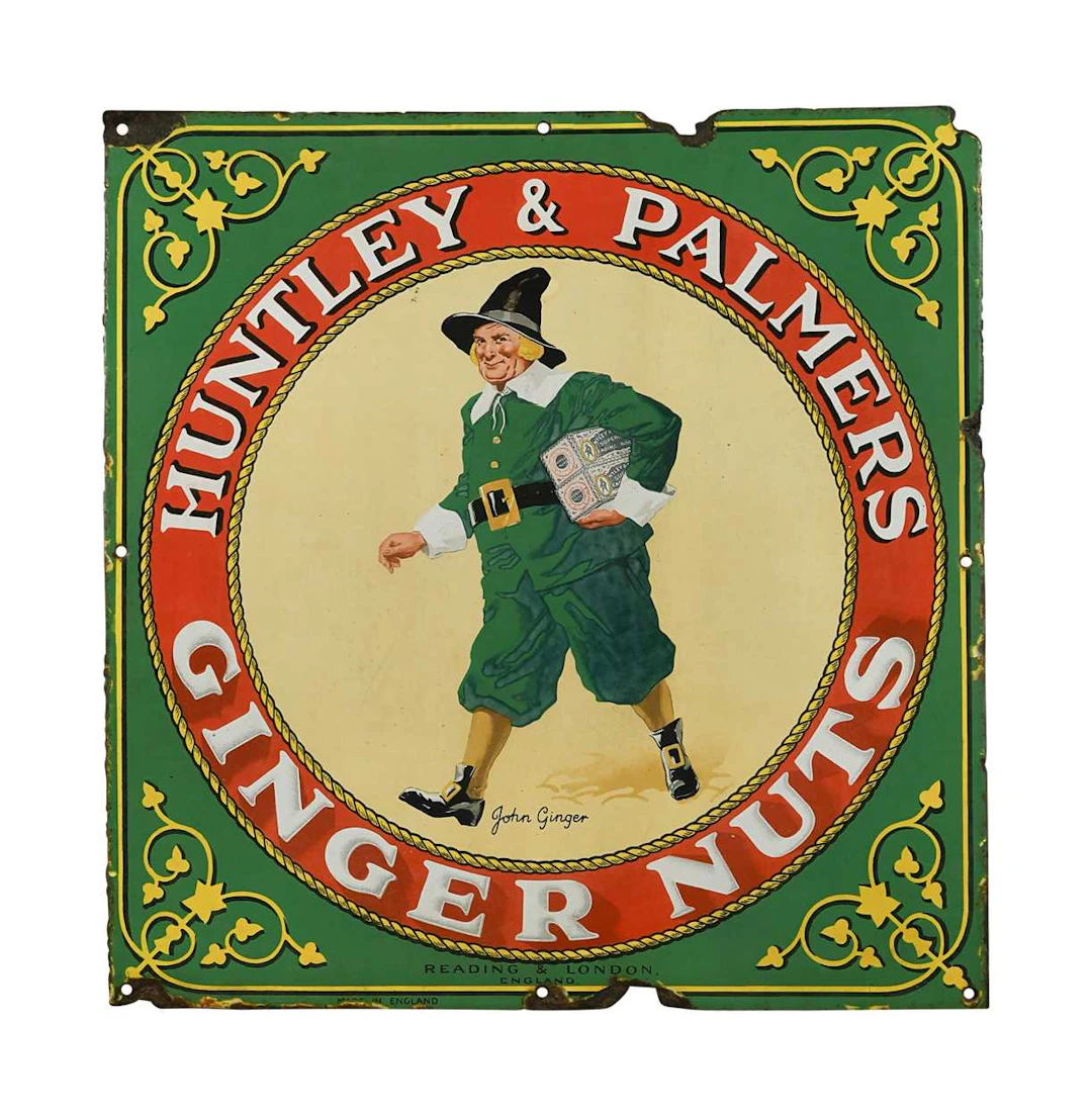 A Huntley & Palmer Ginger Nuts single-sided pictorial enamel advertising sign
