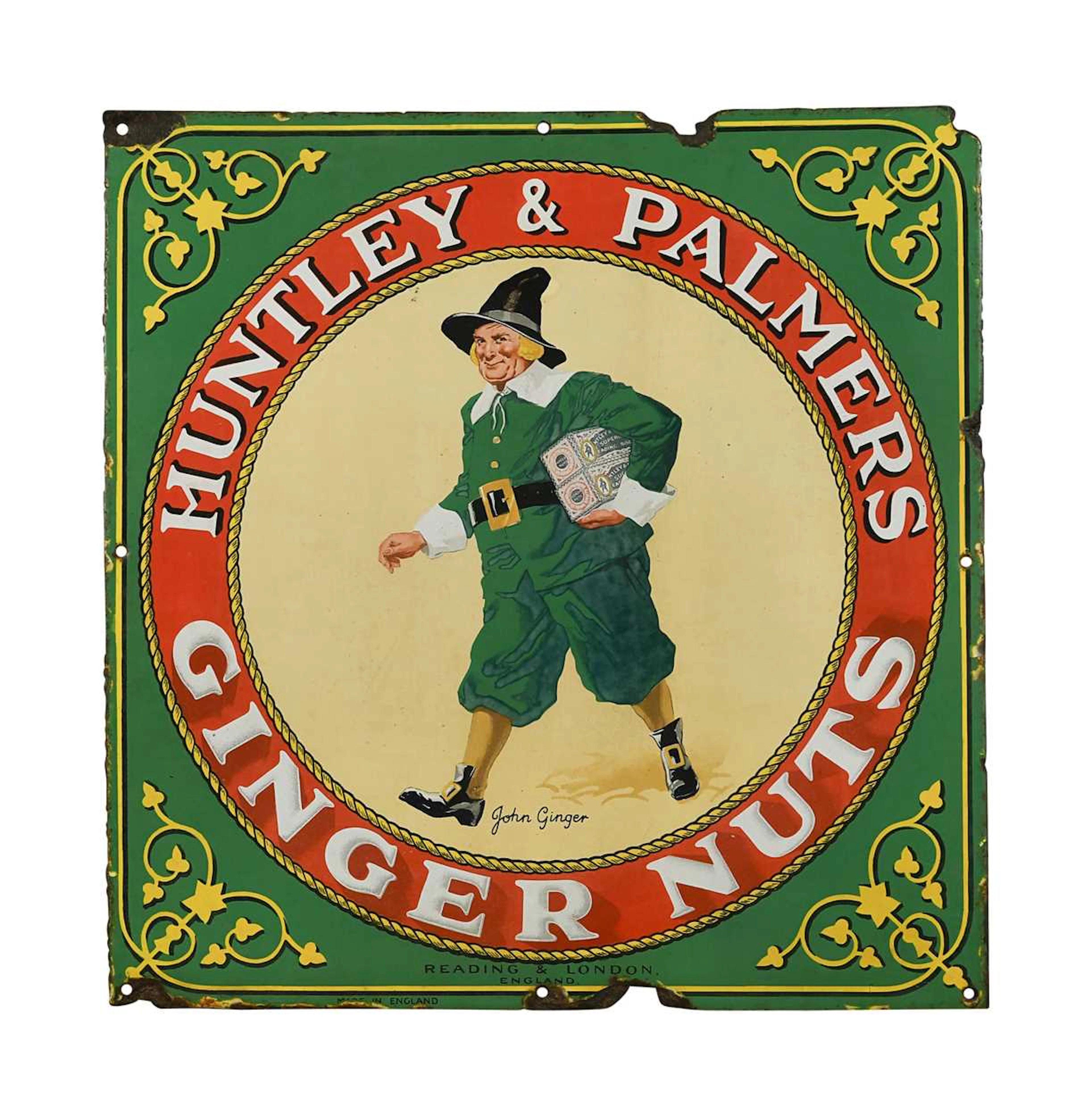 A Huntley & Palmer Ginger Nuts single-sided pictorial enamel advertising sign
