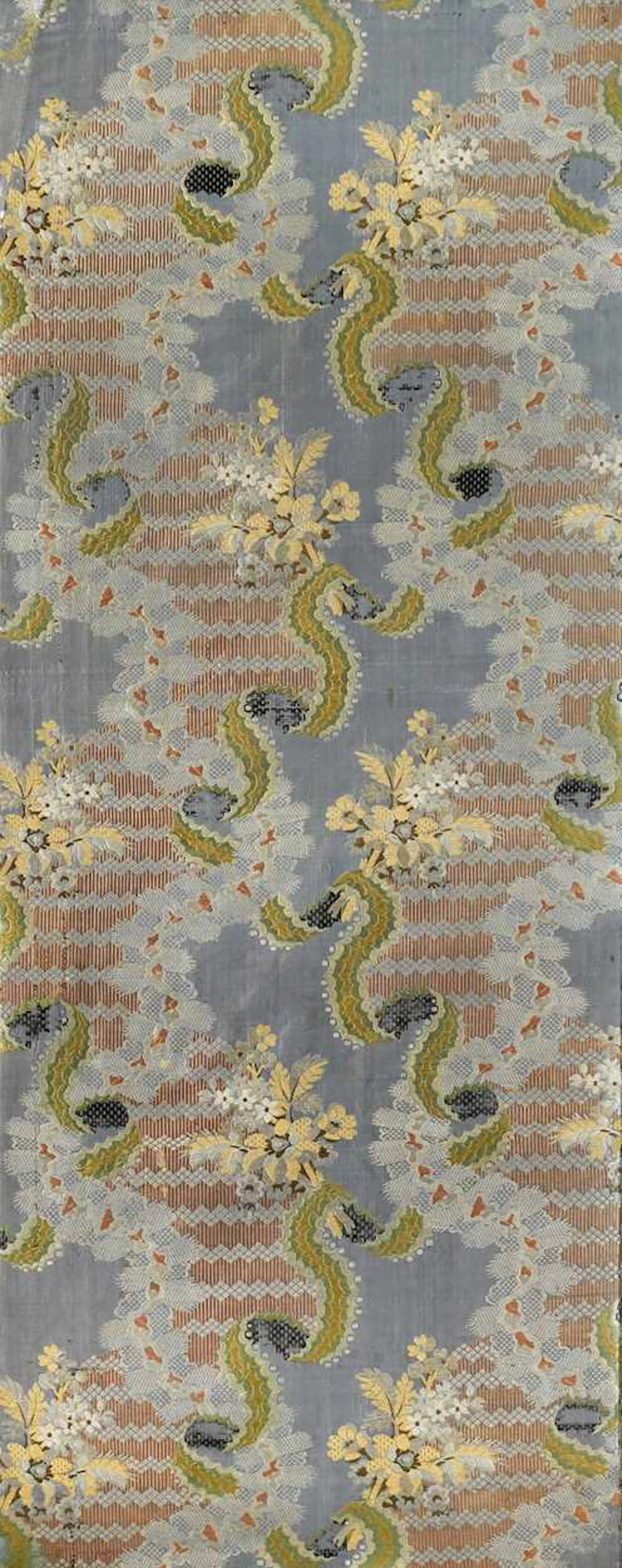 A framed section of silk jacquard on a stretcher, probably 18th century