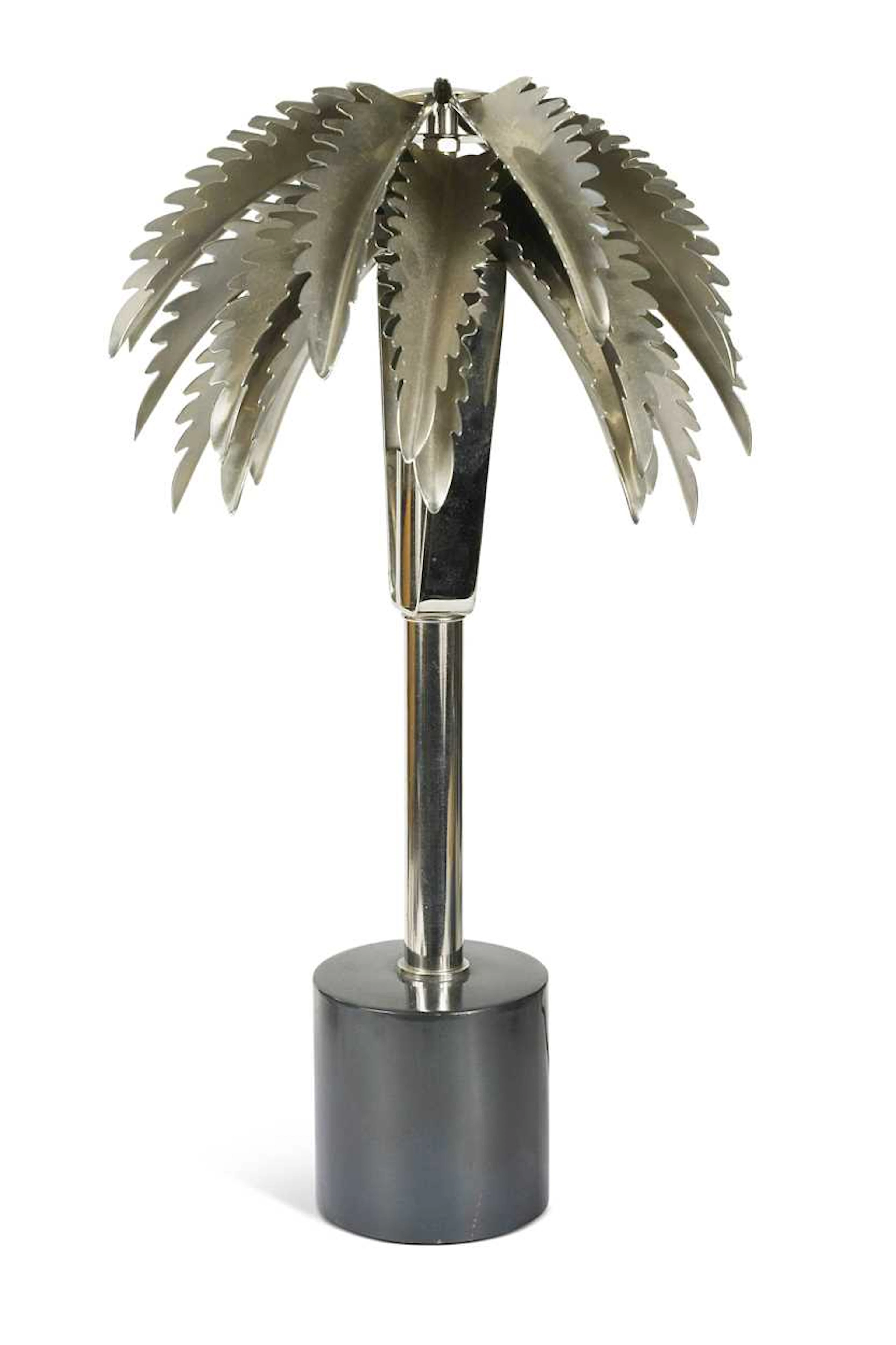 A contemporary silvered metal palm tree table lamp