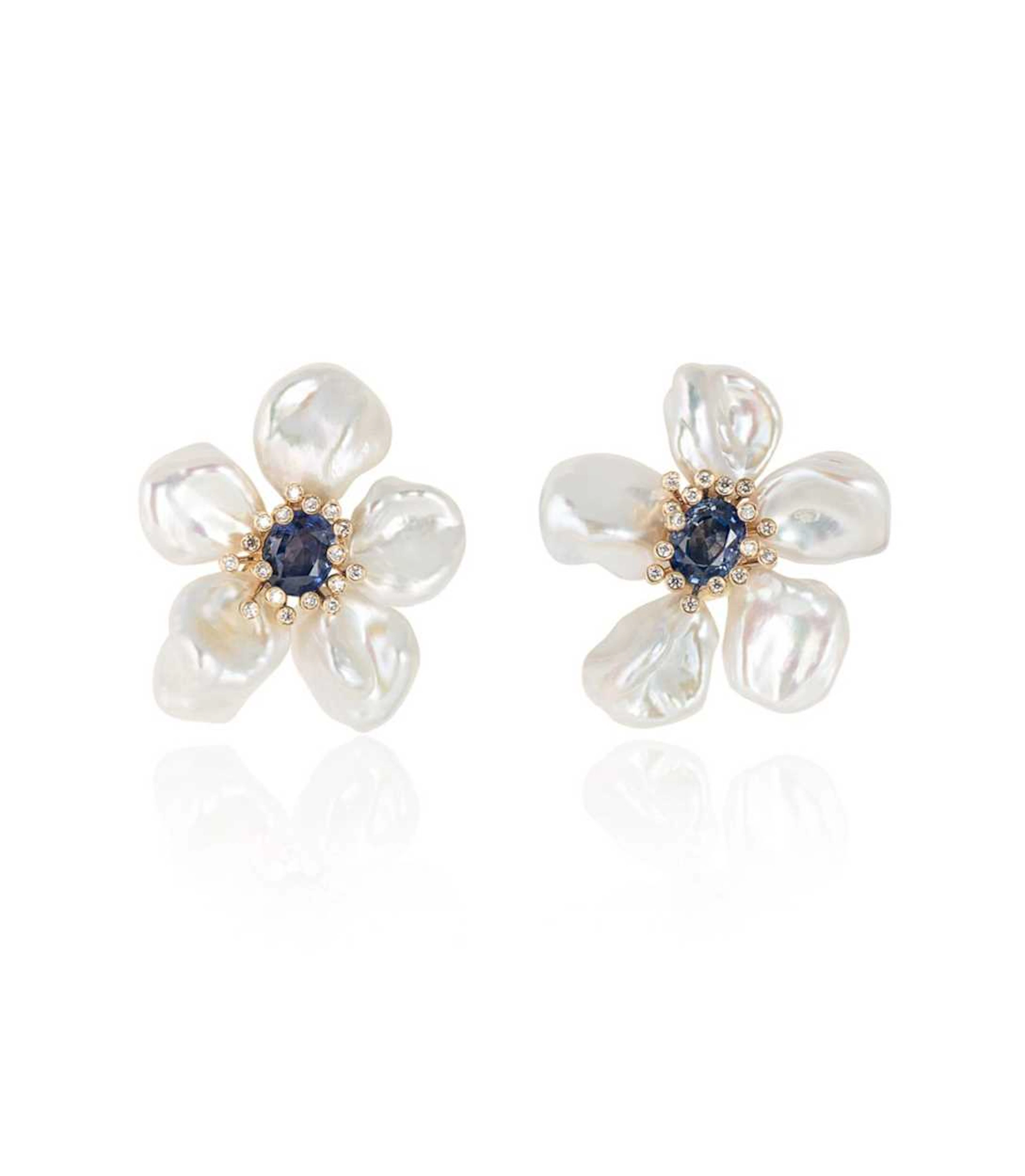Fei Liu - A pair of keshi pearl, sapphire and diamond flower ear studs