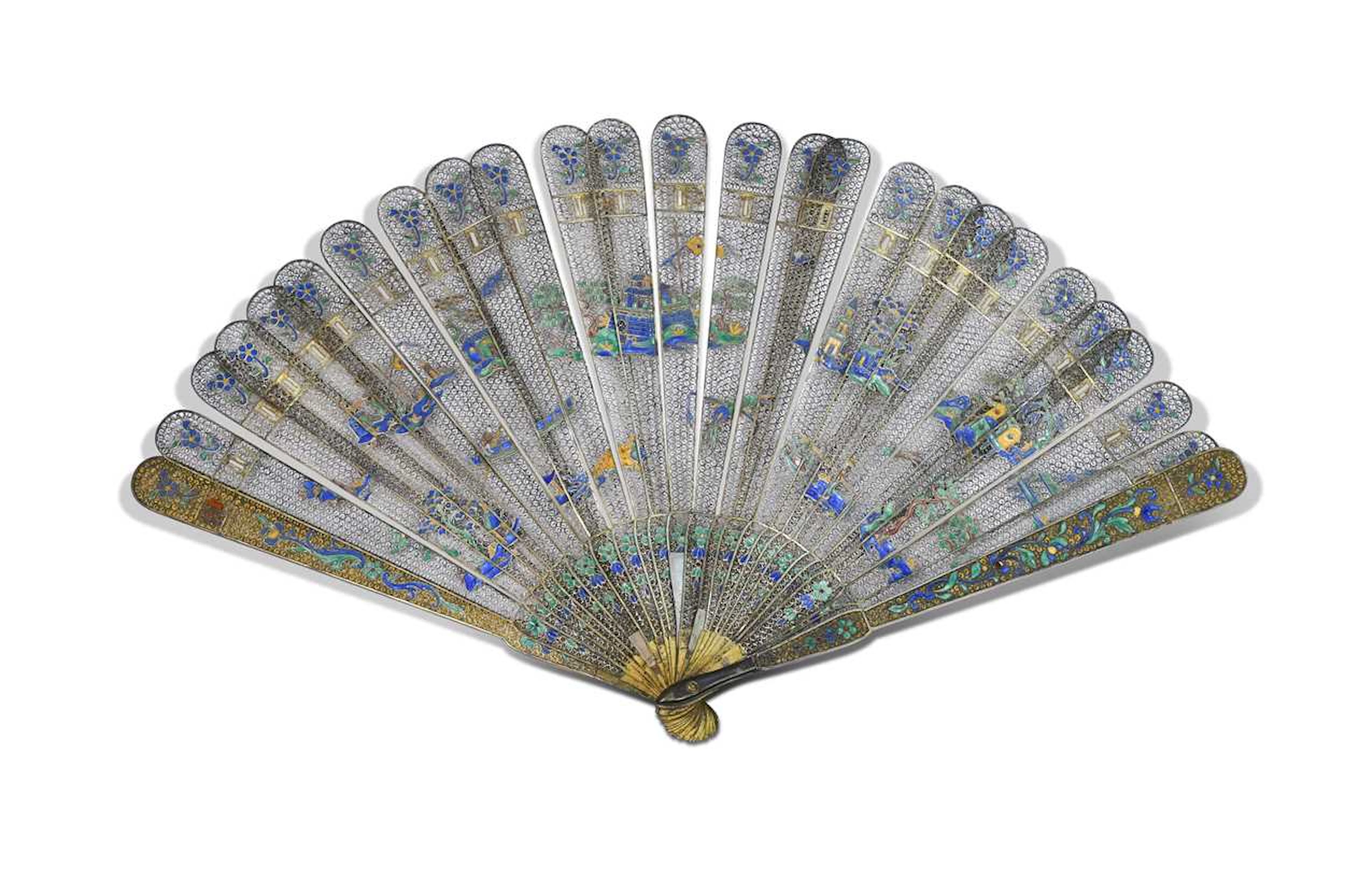 A Chinese export silver and enamel brisee fan, Qing Dynasty, 19th century