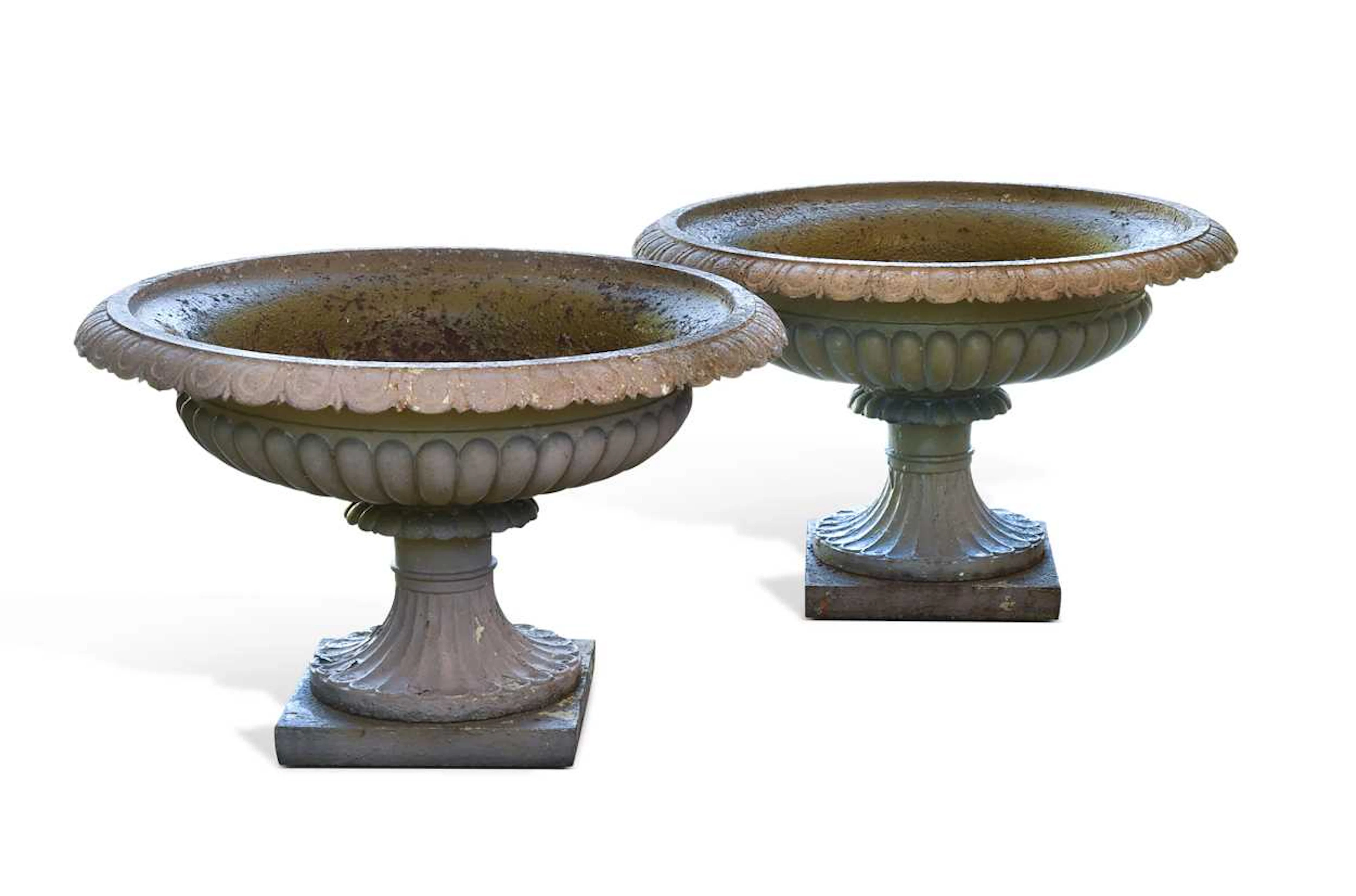 A pair of Victorian circular cast iron garden urns