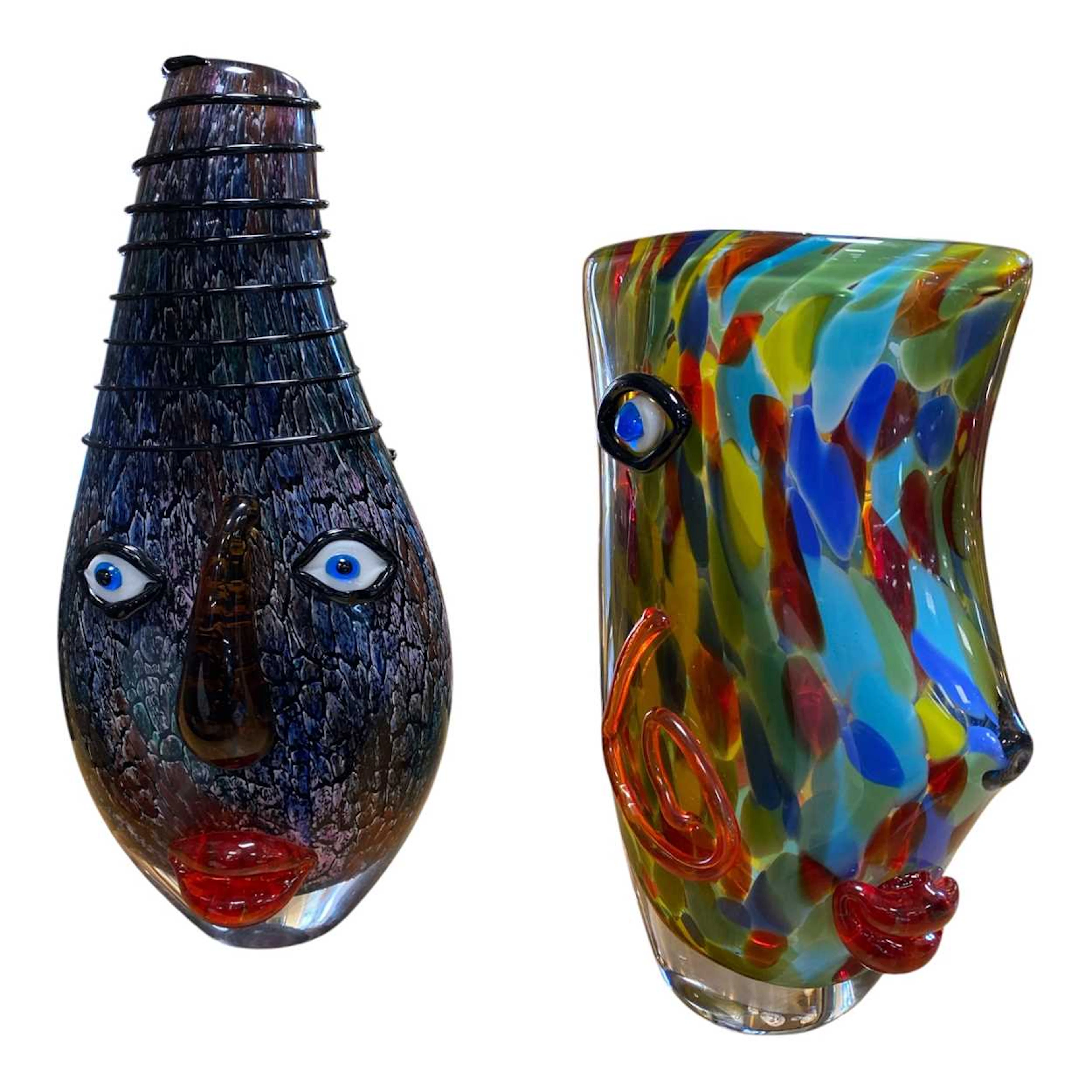 Two Murano style glass 'Picasso' head vases 31 and 25cm high (2)