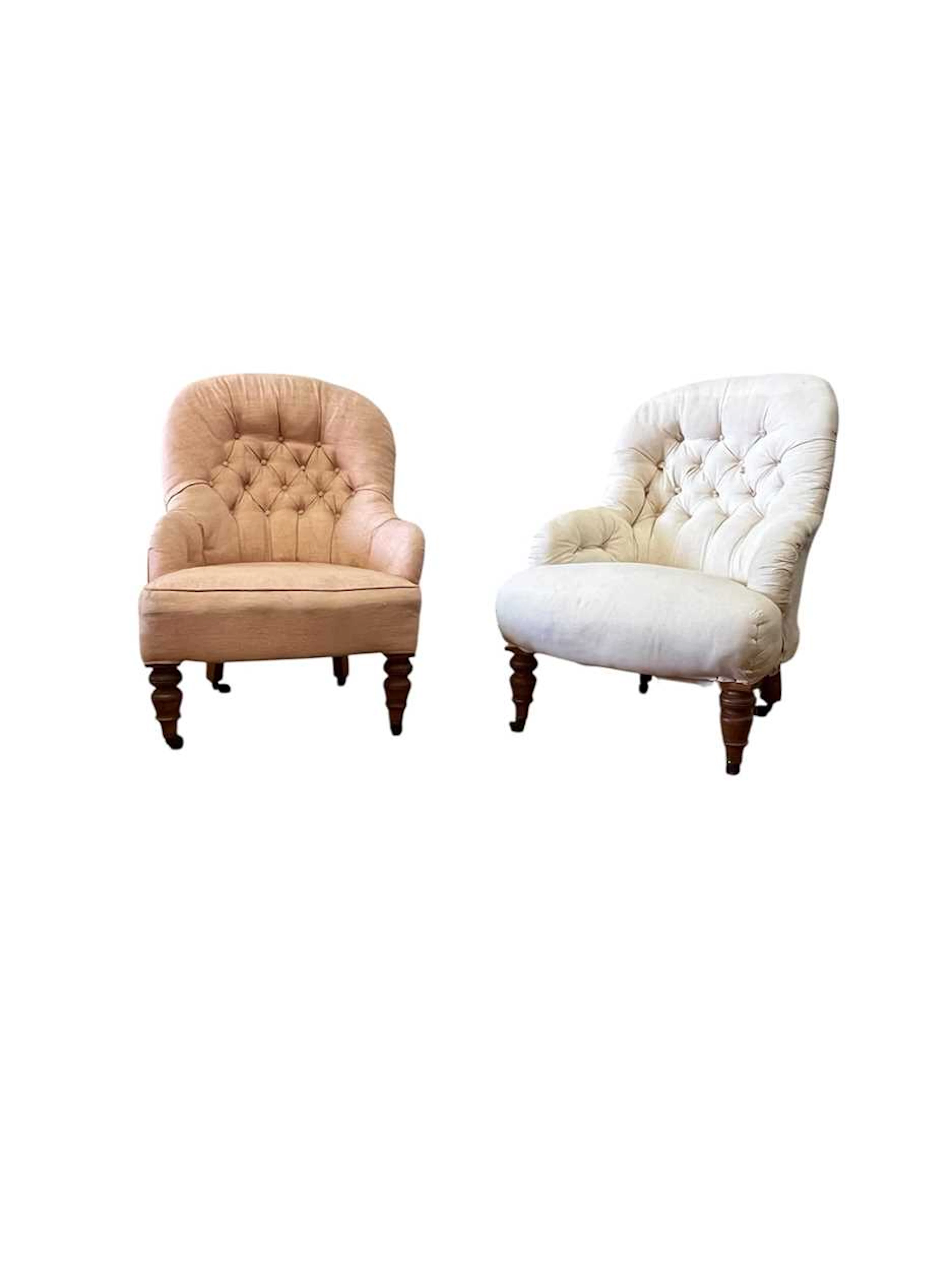 A pair of button back chairs with differing upholstery, late 19th/