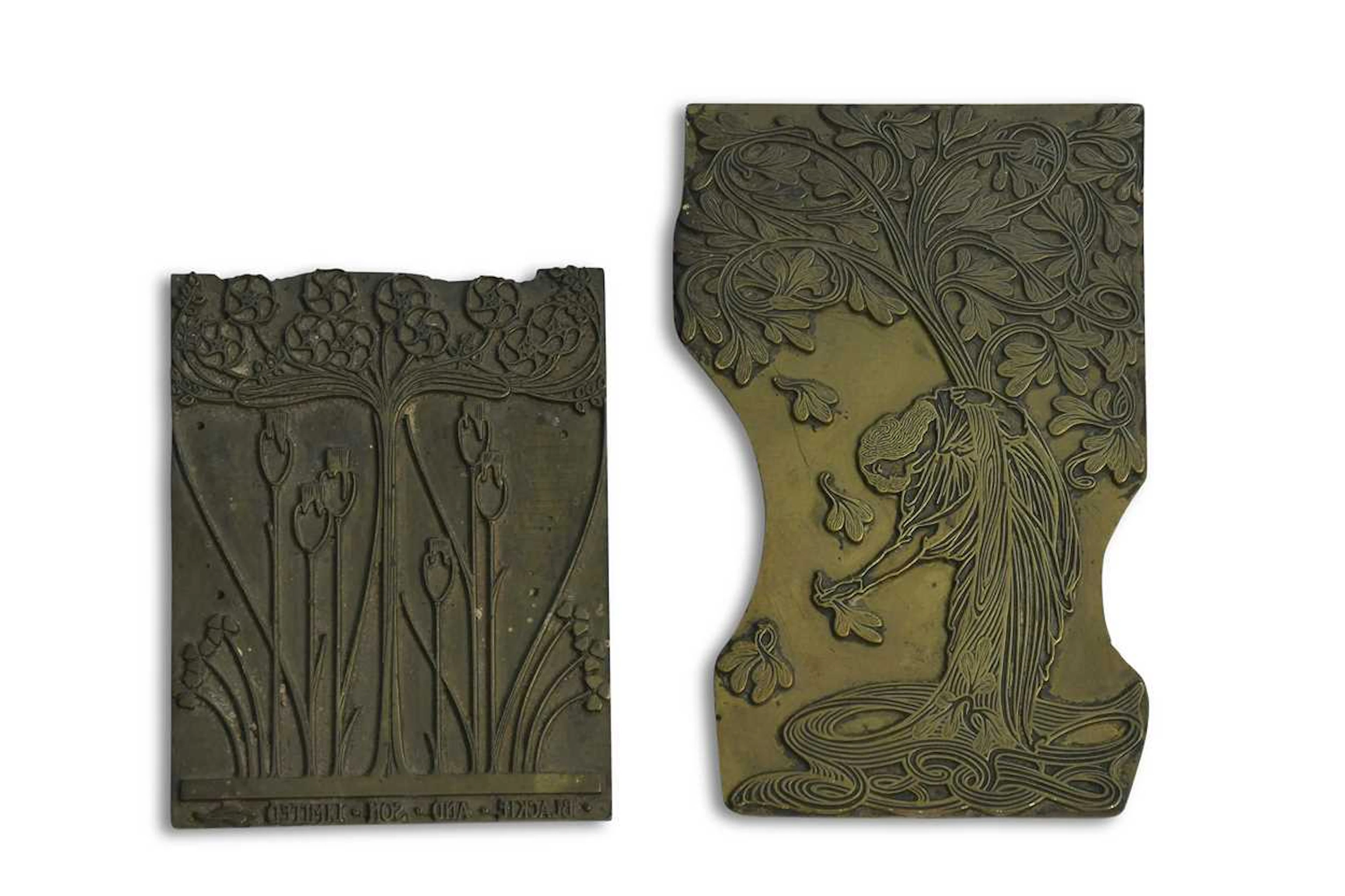 Two Art Nouveau floral design brass printing blocks