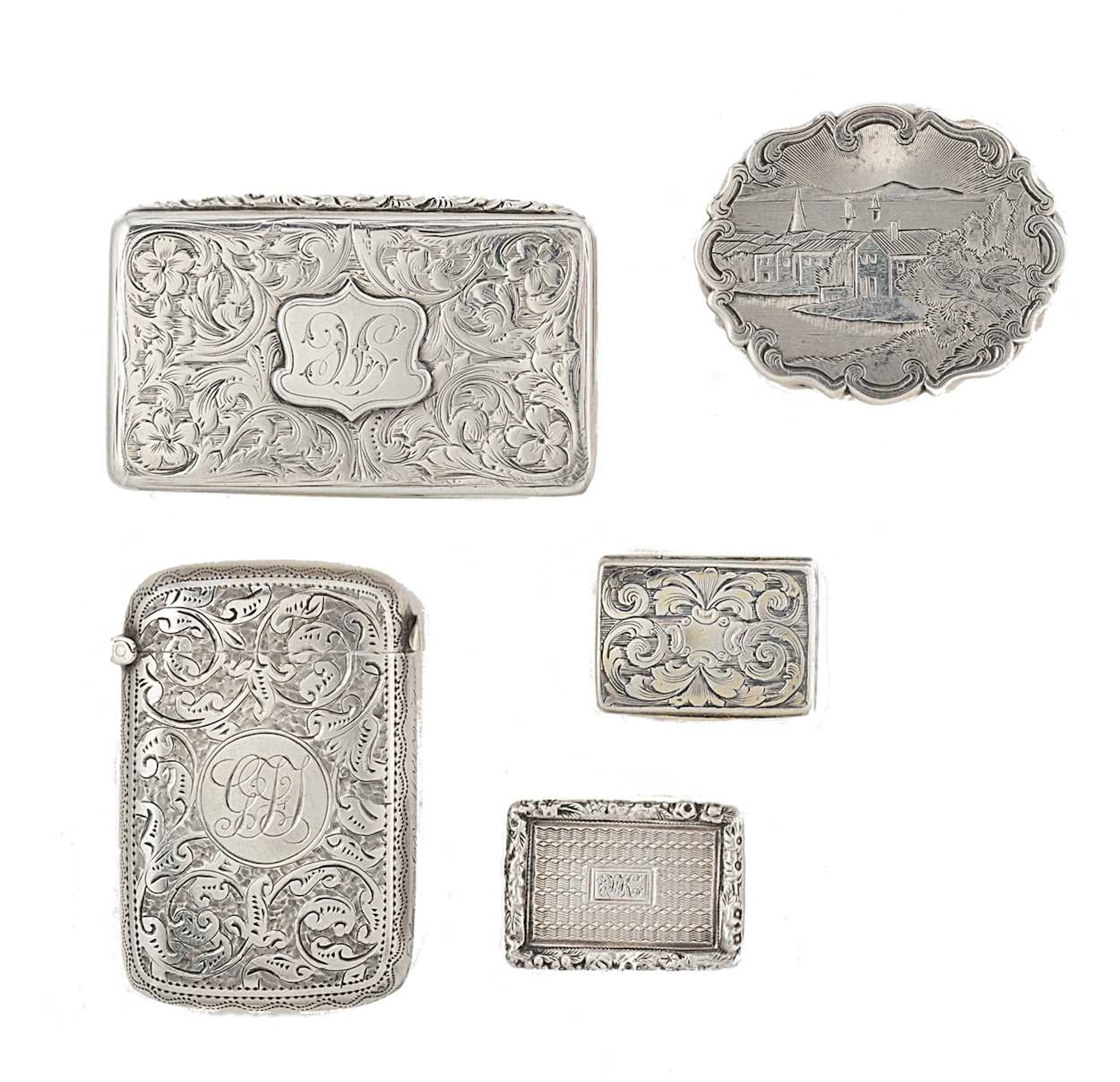 A group of five antique silver boxes