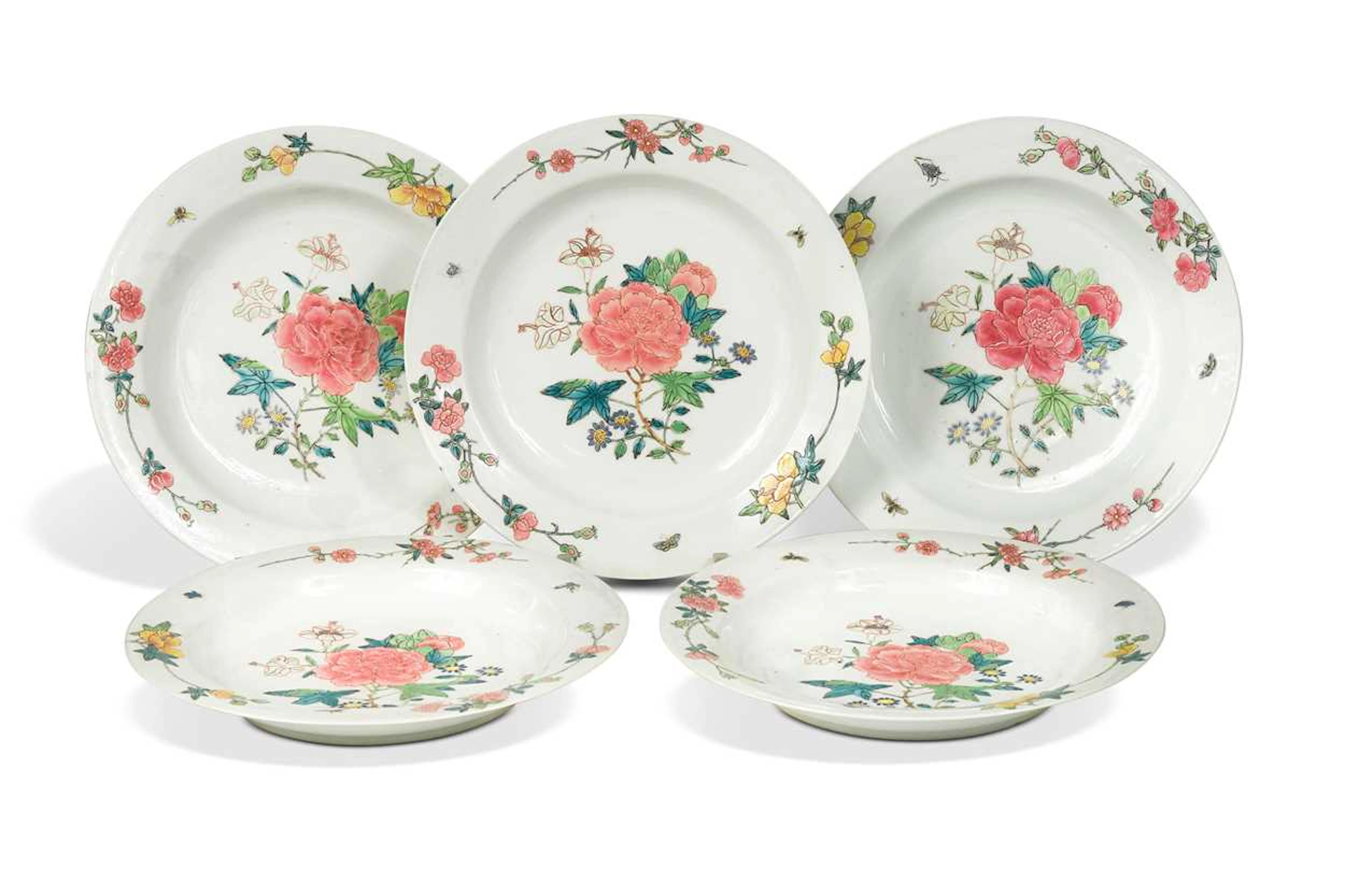 A set of five Chinese famille rose porcelain peony dishes, Qing Dynasty