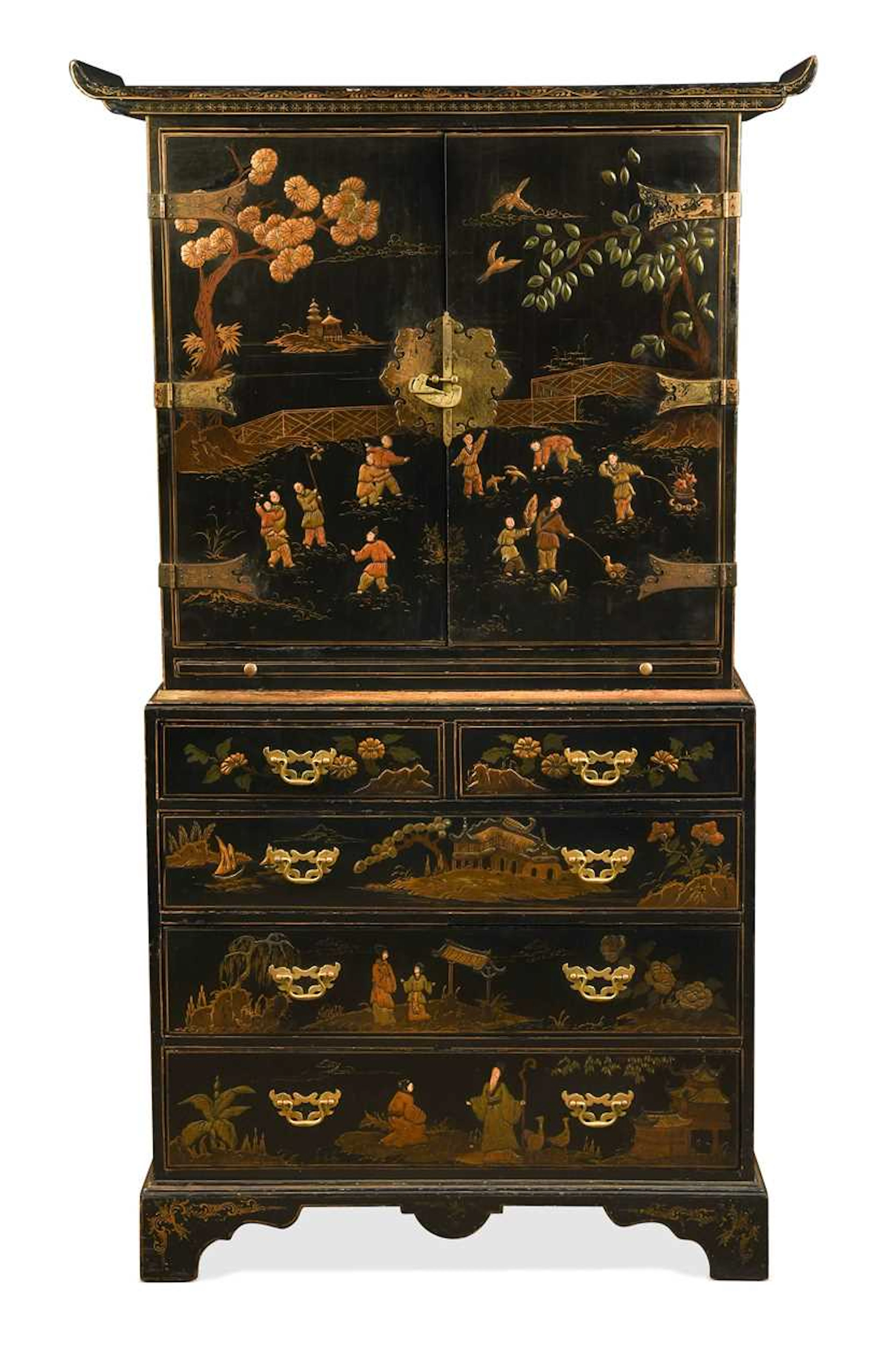A chinoiserie black lacquered and gilt cabinet on chest, early 20th century