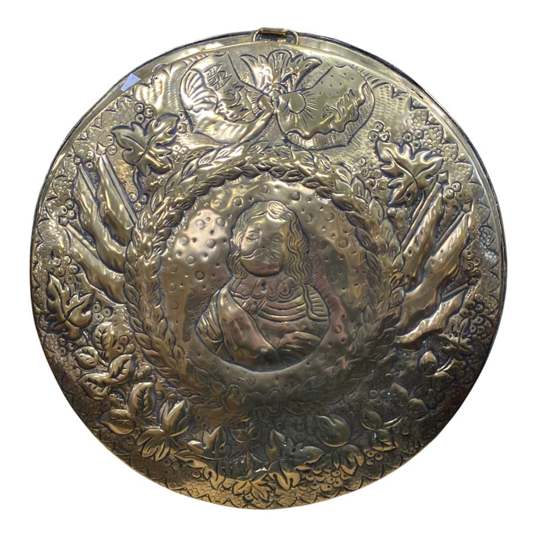 18/19th century brass dish with hanging loop embossed