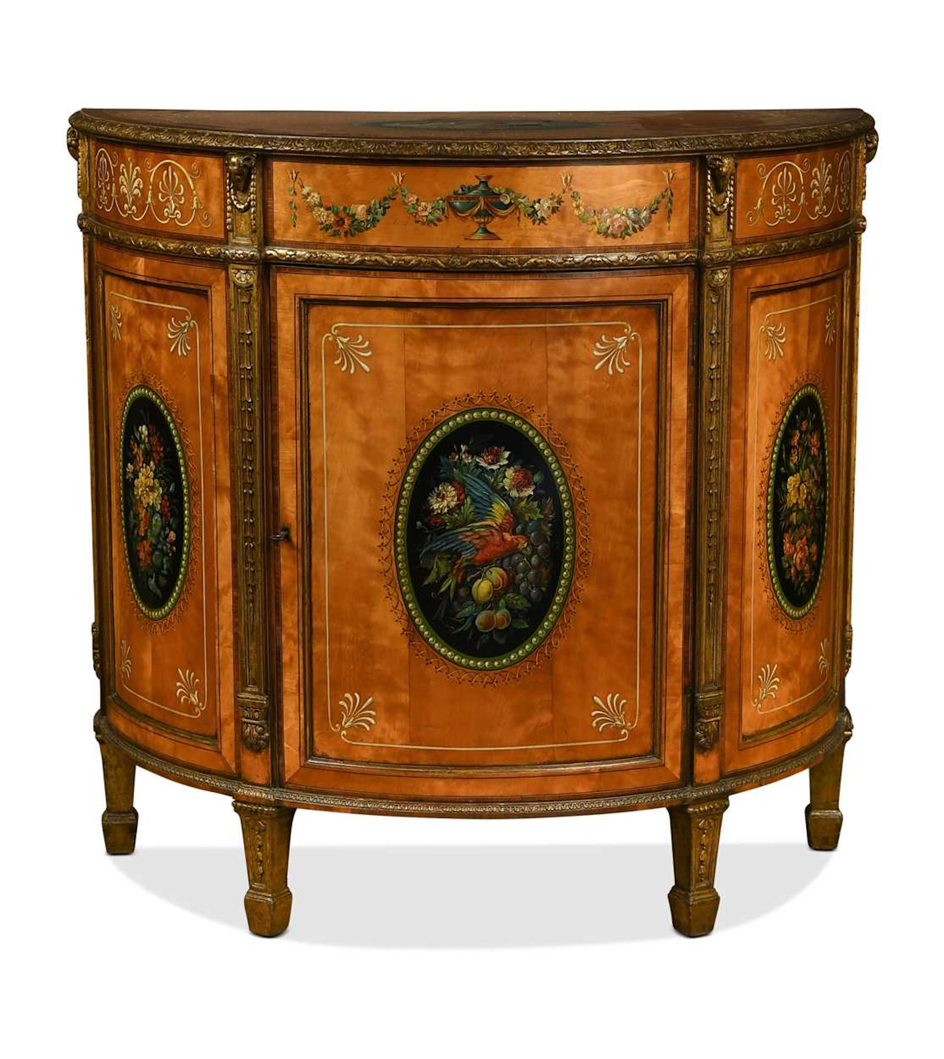 A Neoclassical style satinwood and tulip wood demi lune commode, 19th century