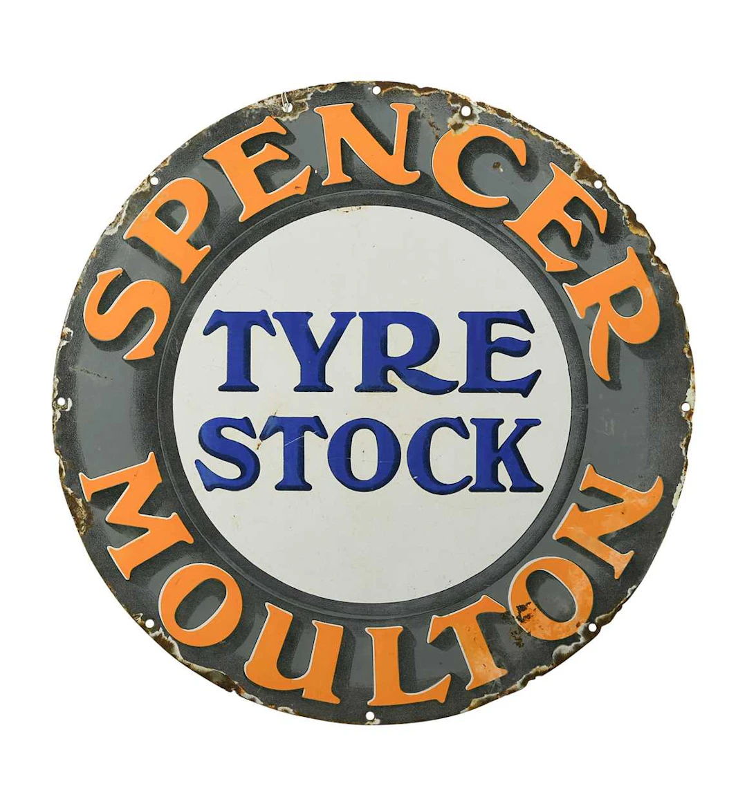 A Spencer Moulton Tyre Stock single-sided circular enamel advertising sign