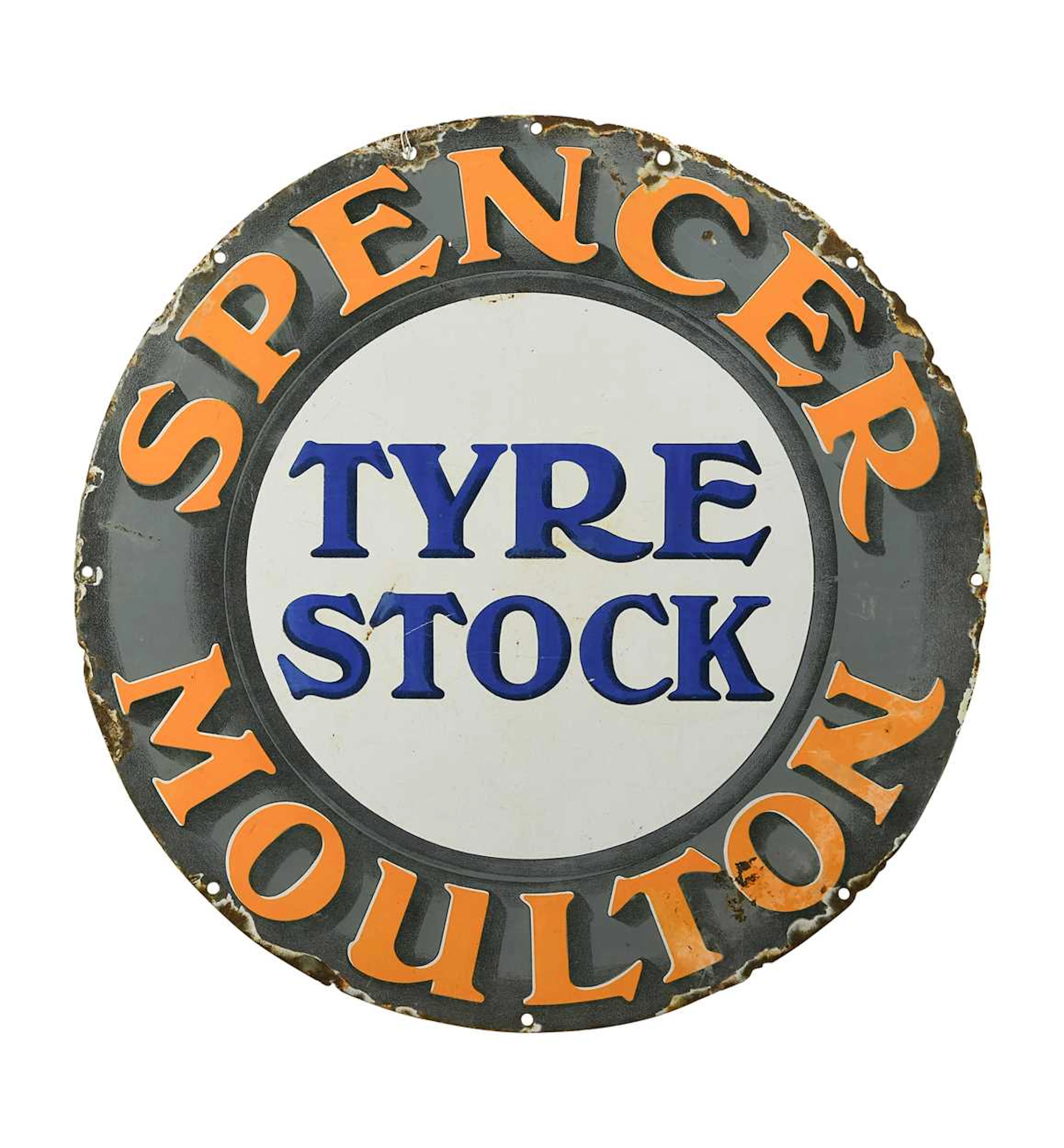 A Spencer Moulton Tyre Stock single-sided circular enamel advertising sign