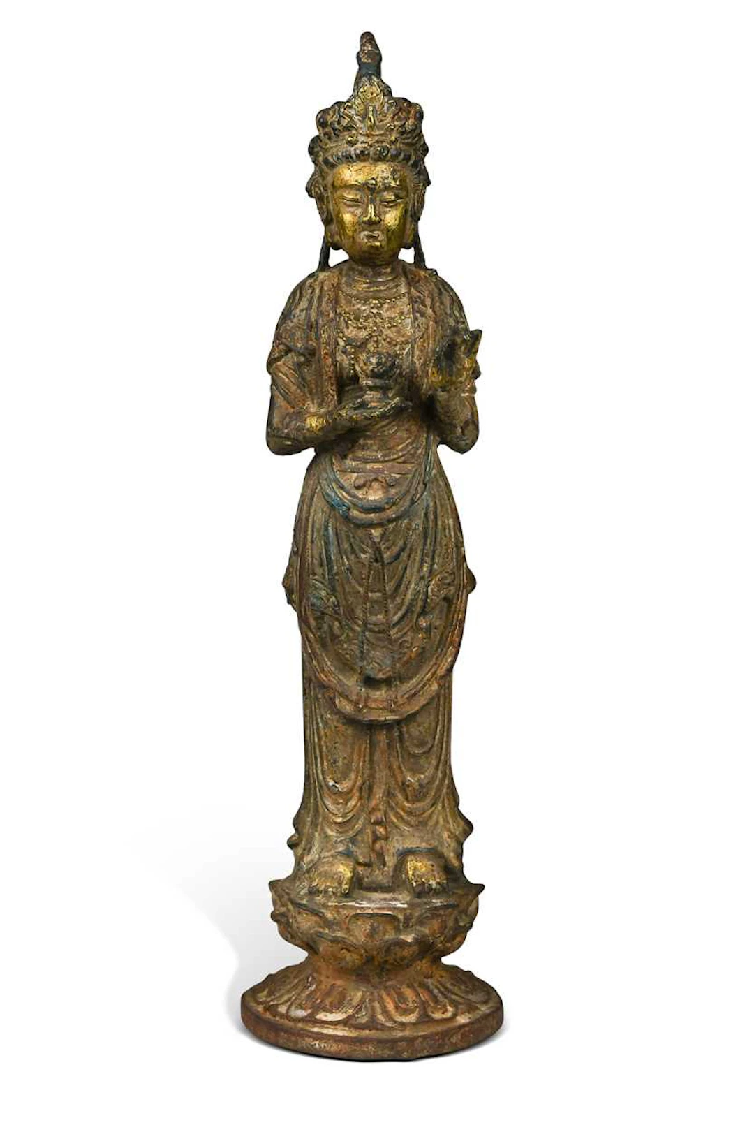 A Korean or Chinese standing gilt iron Guanyin
