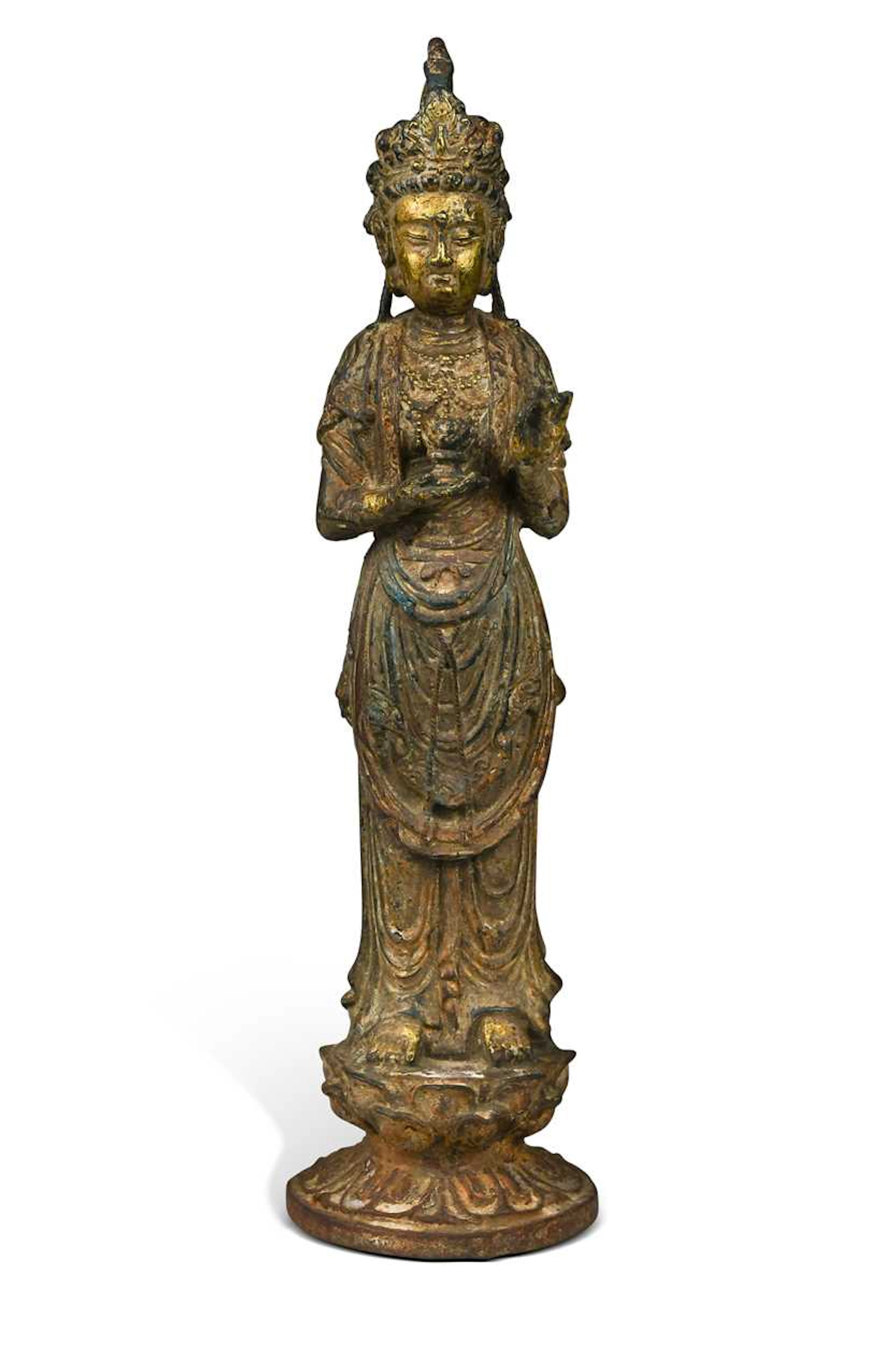 A Korean or Chinese standing gilt iron Guanyin