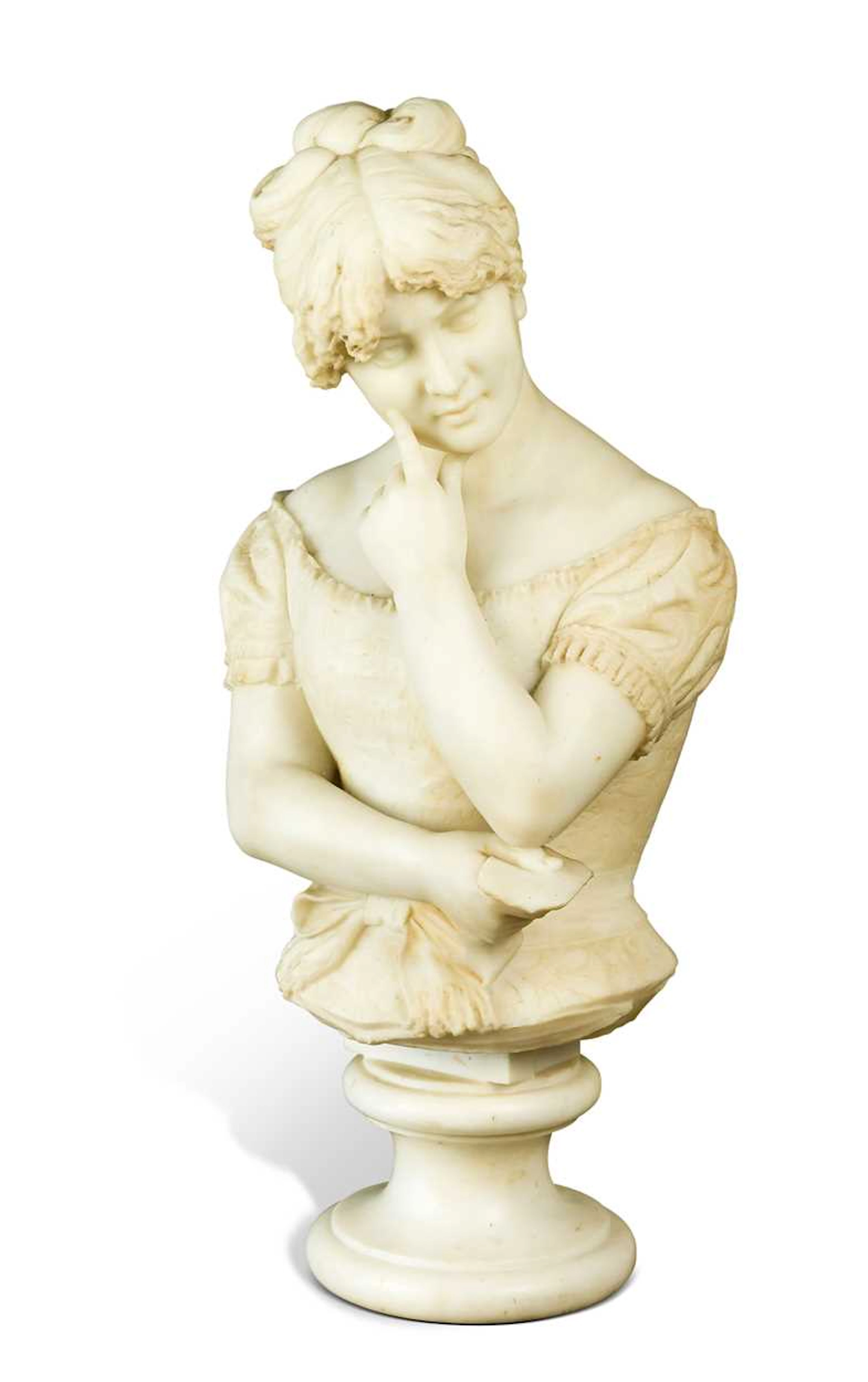 Raffaello Romanelli (1856-1928), 'Un Biglietto', a carved white marble bust