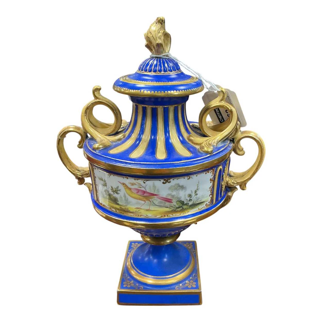 A Minton two-handled blue ground vase and cover