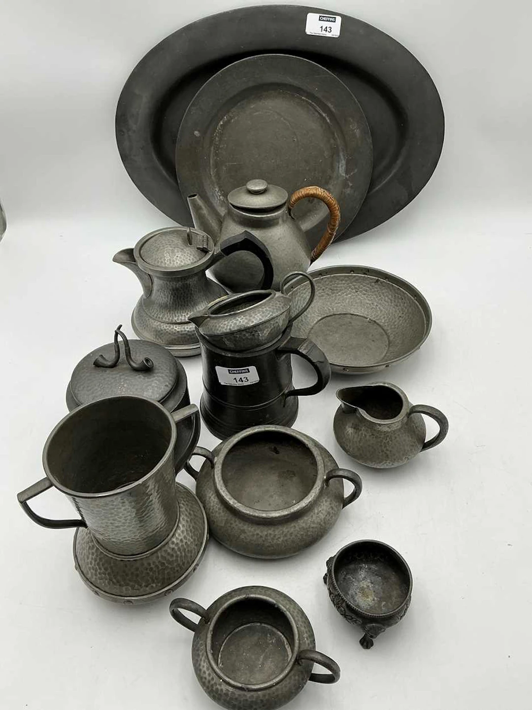 Collection of pewter wares to include hammered Tudric and...