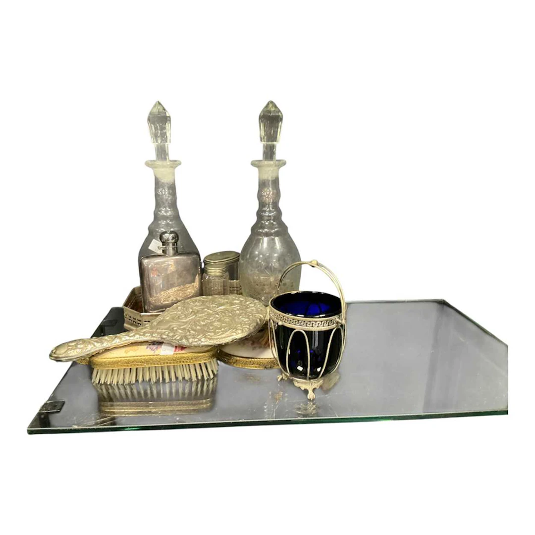 Small silver plated galleried tray with faux...