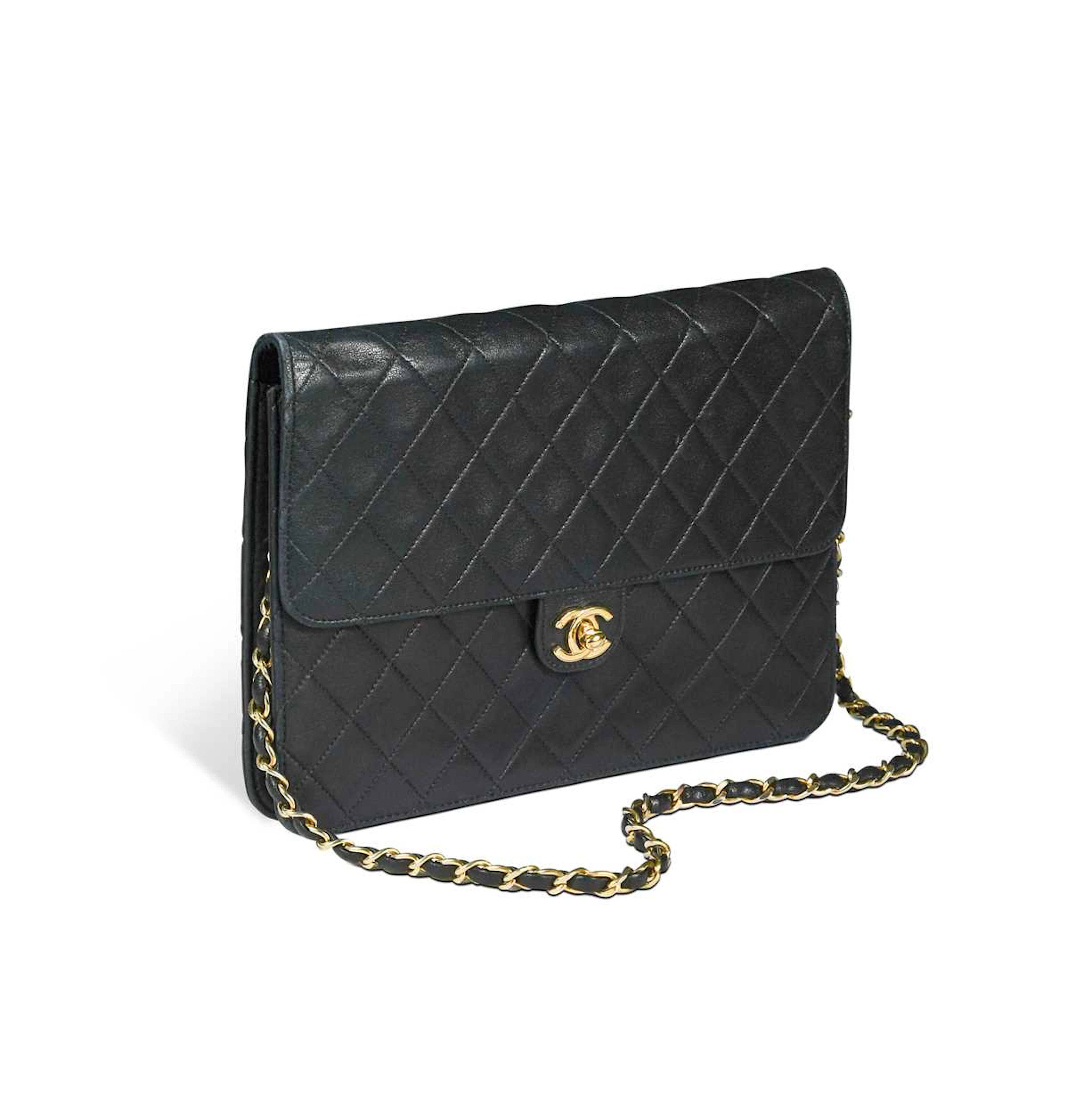 A Chanel diamond quilted wallet on a chain