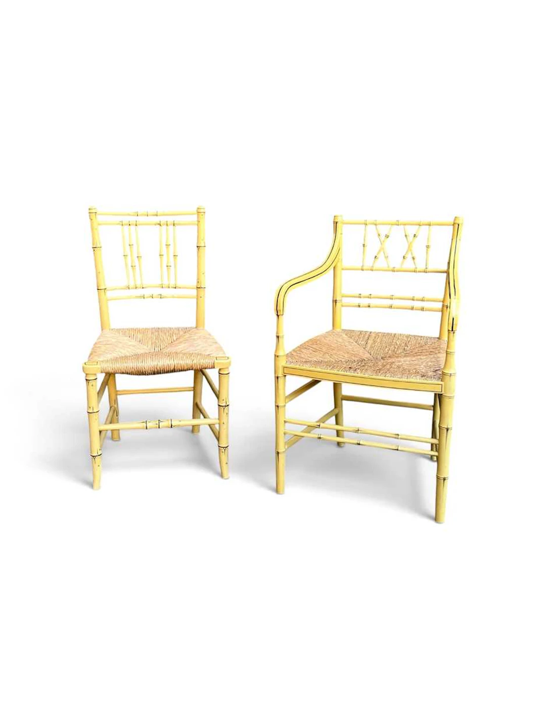 A Regency style painted faux bamboo armchair with cane seat