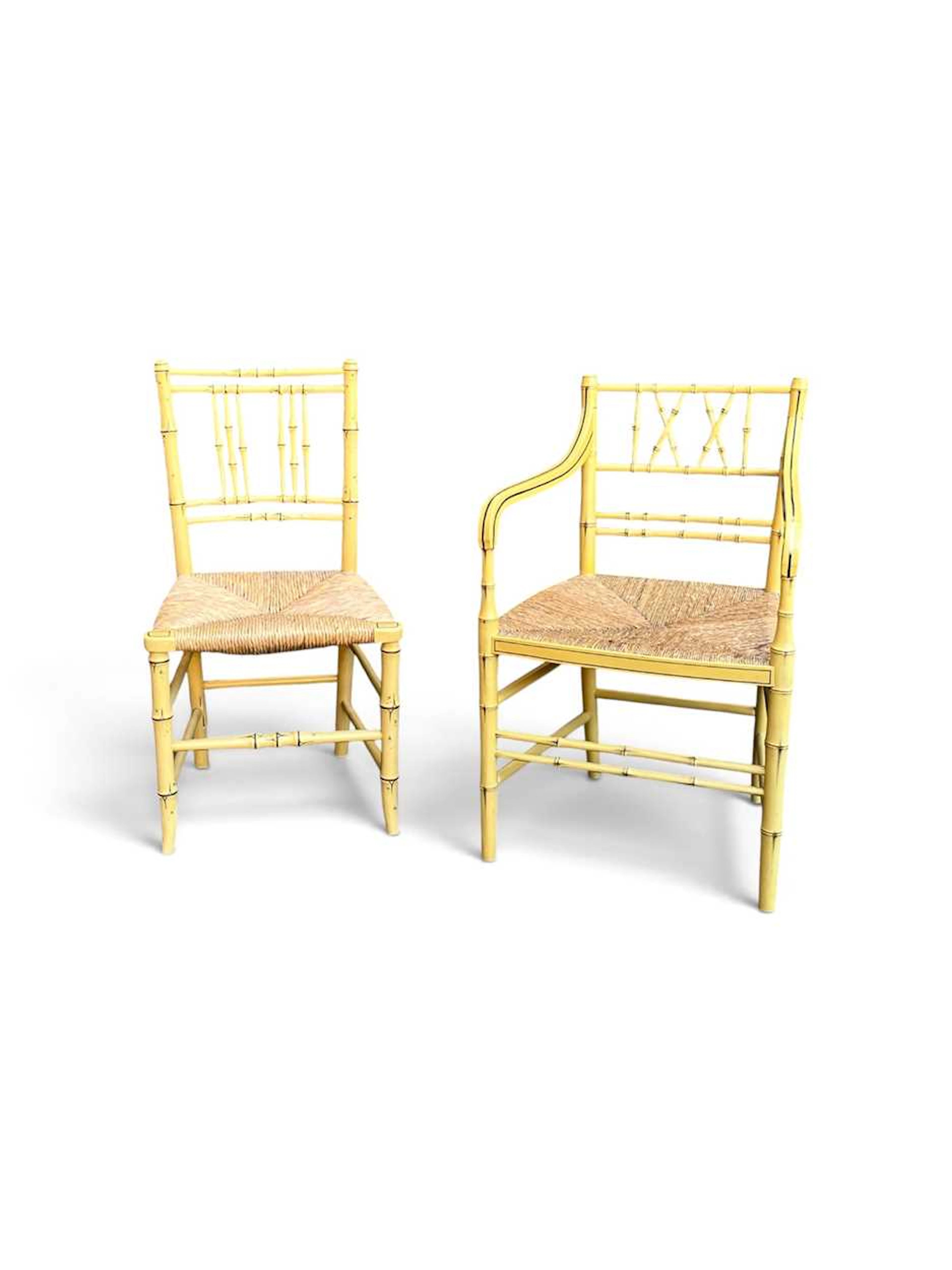 A Regency style painted faux bamboo armchair with cane seat