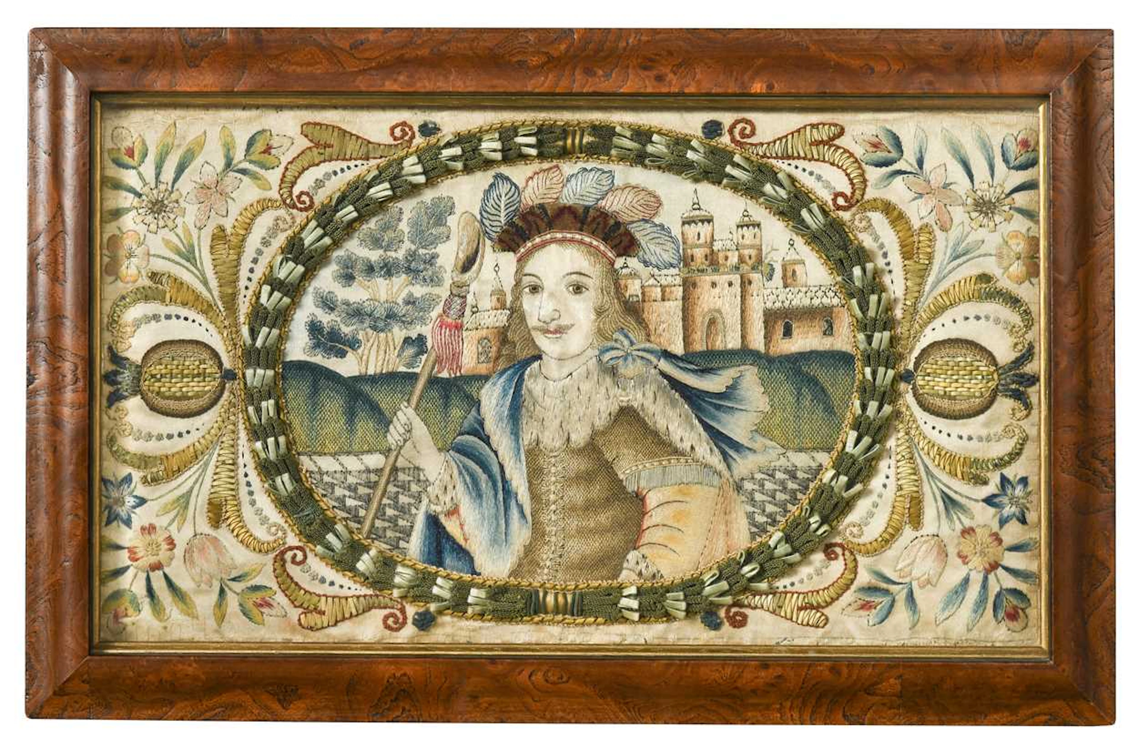 A Charles II silkwork and stumpwork panel, circa 1670