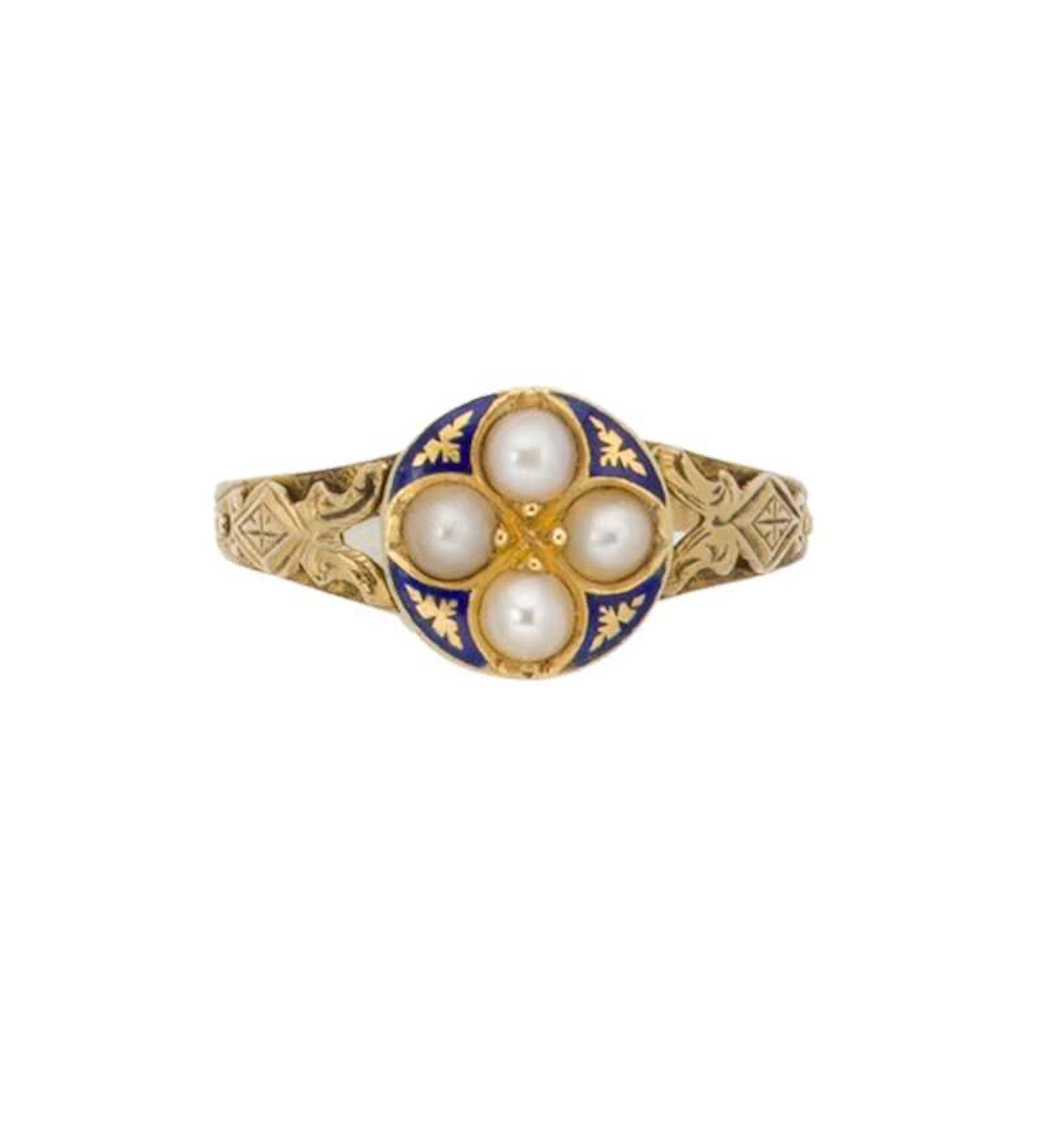 A Victorian 15ct gold enamel and pearl memorial ring