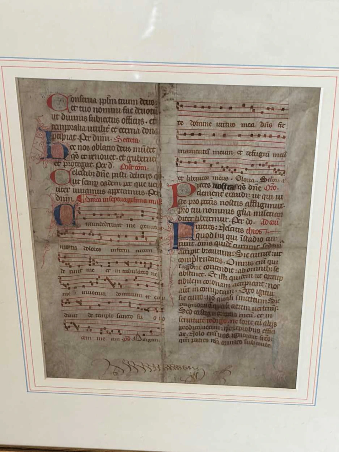 A Medieval double sided vellum antiphoner or missal manuscript leaf