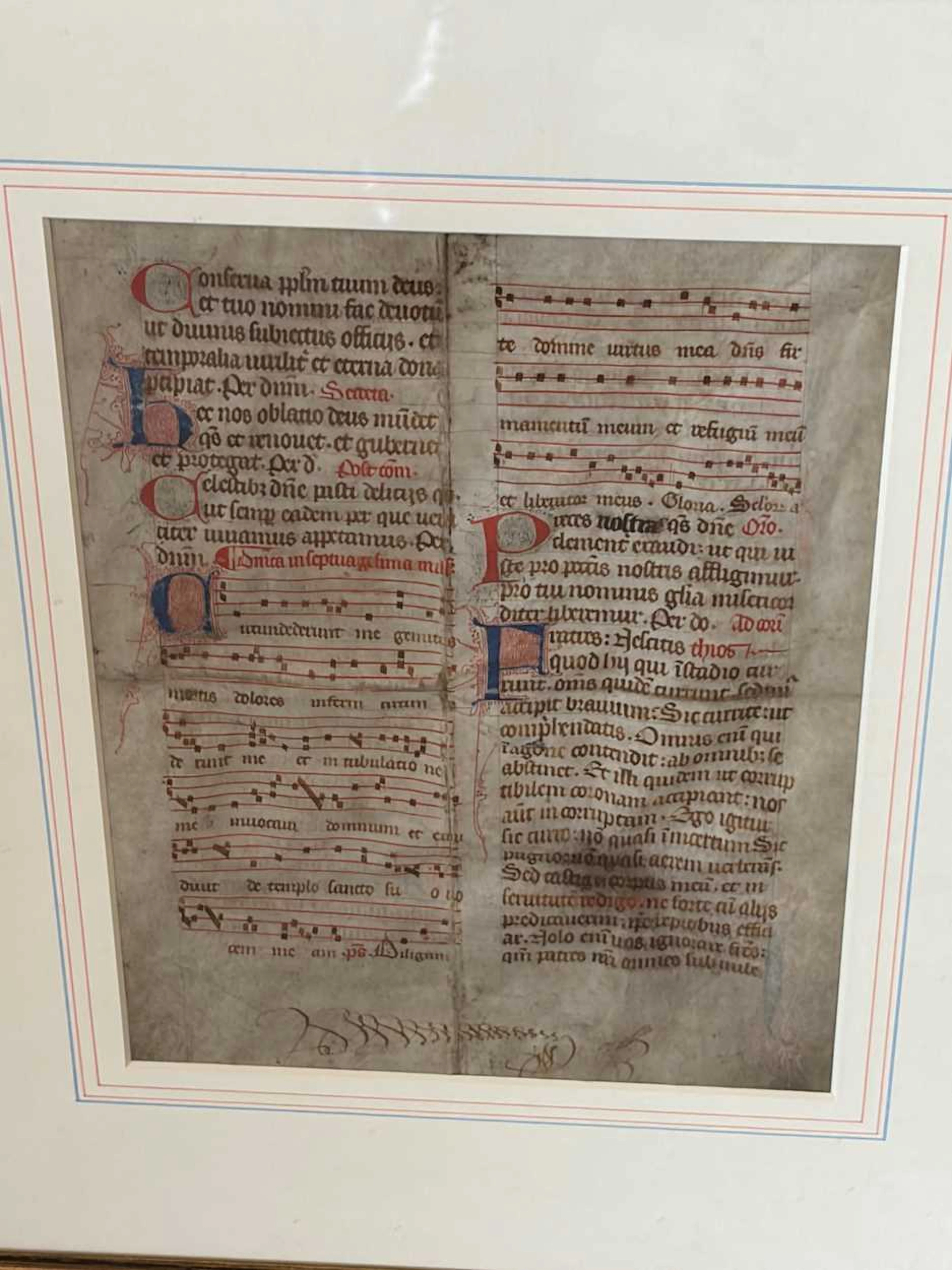 A Medieval double sided vellum antiphoner or missal manuscript leaf