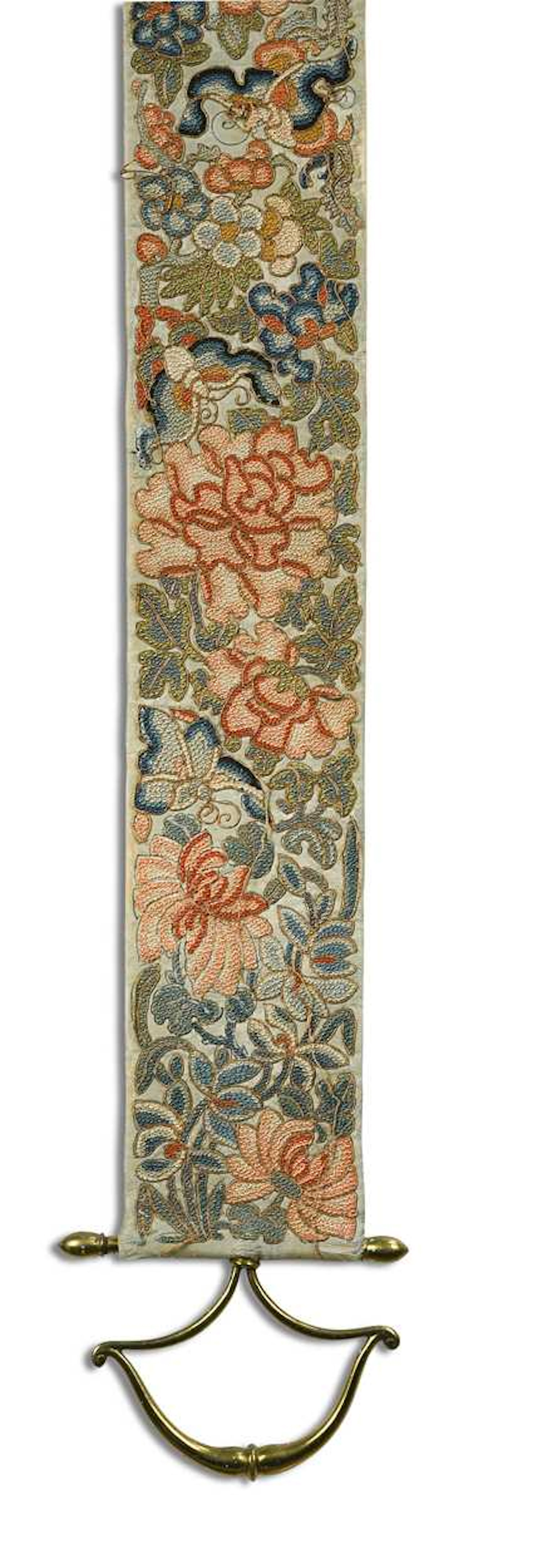 A Chinese export silk embroidered bell pull, late Qing Dynasty, circa 1900
