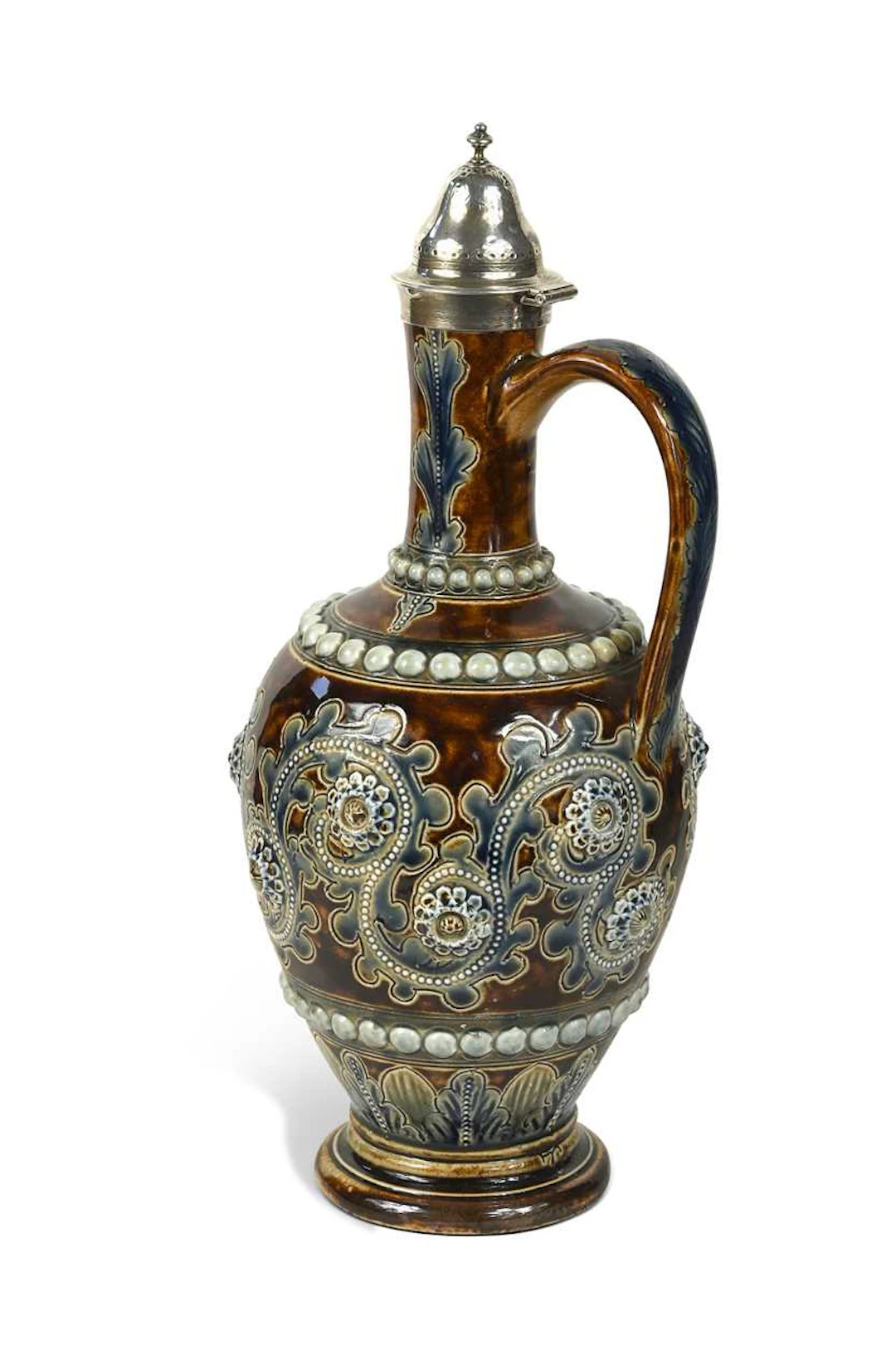 George Tinworth for Doulton Lambeth, a stoneware and silver-mounted ewer, 1874